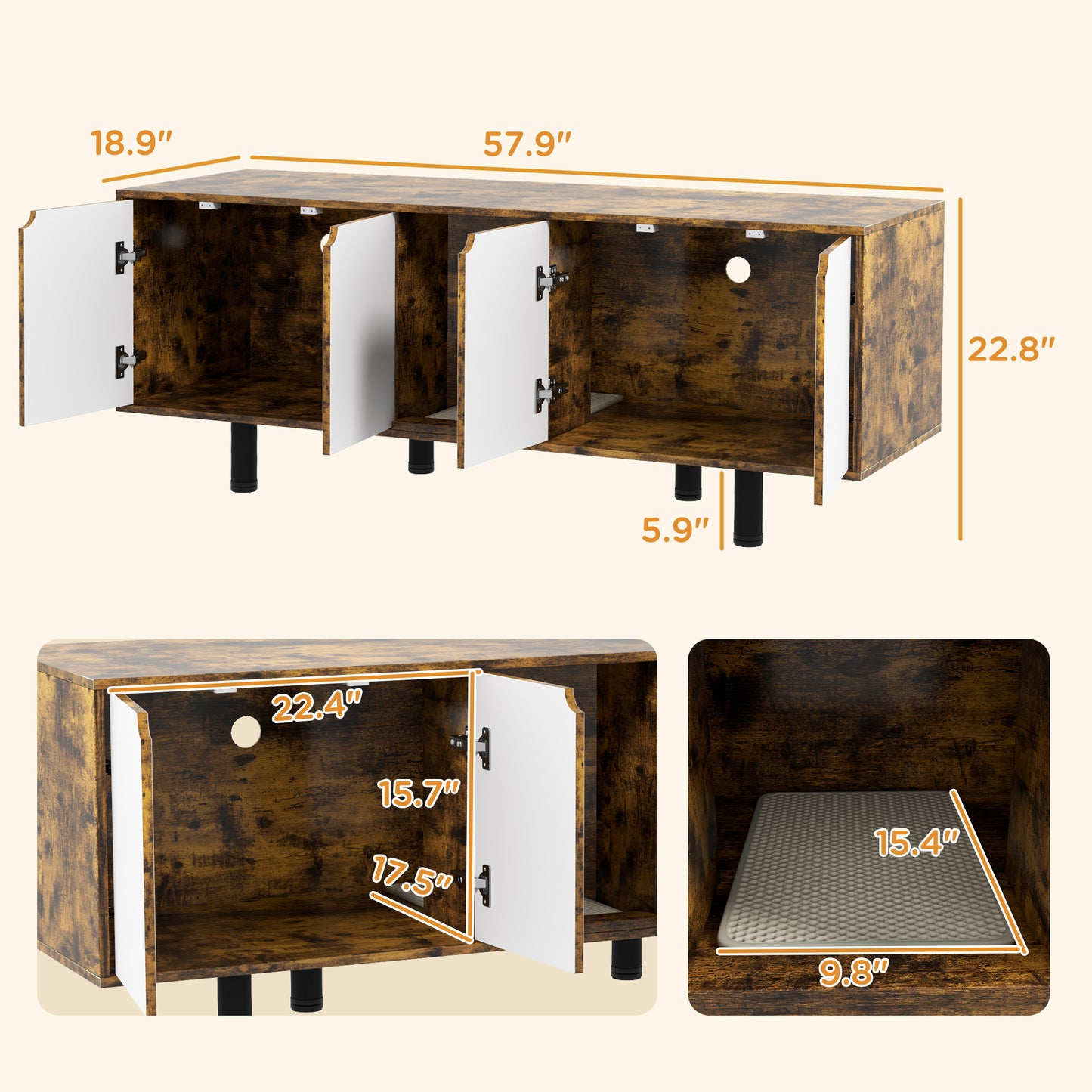Rustic brown wood TV stand with white interior cabinets and black legs