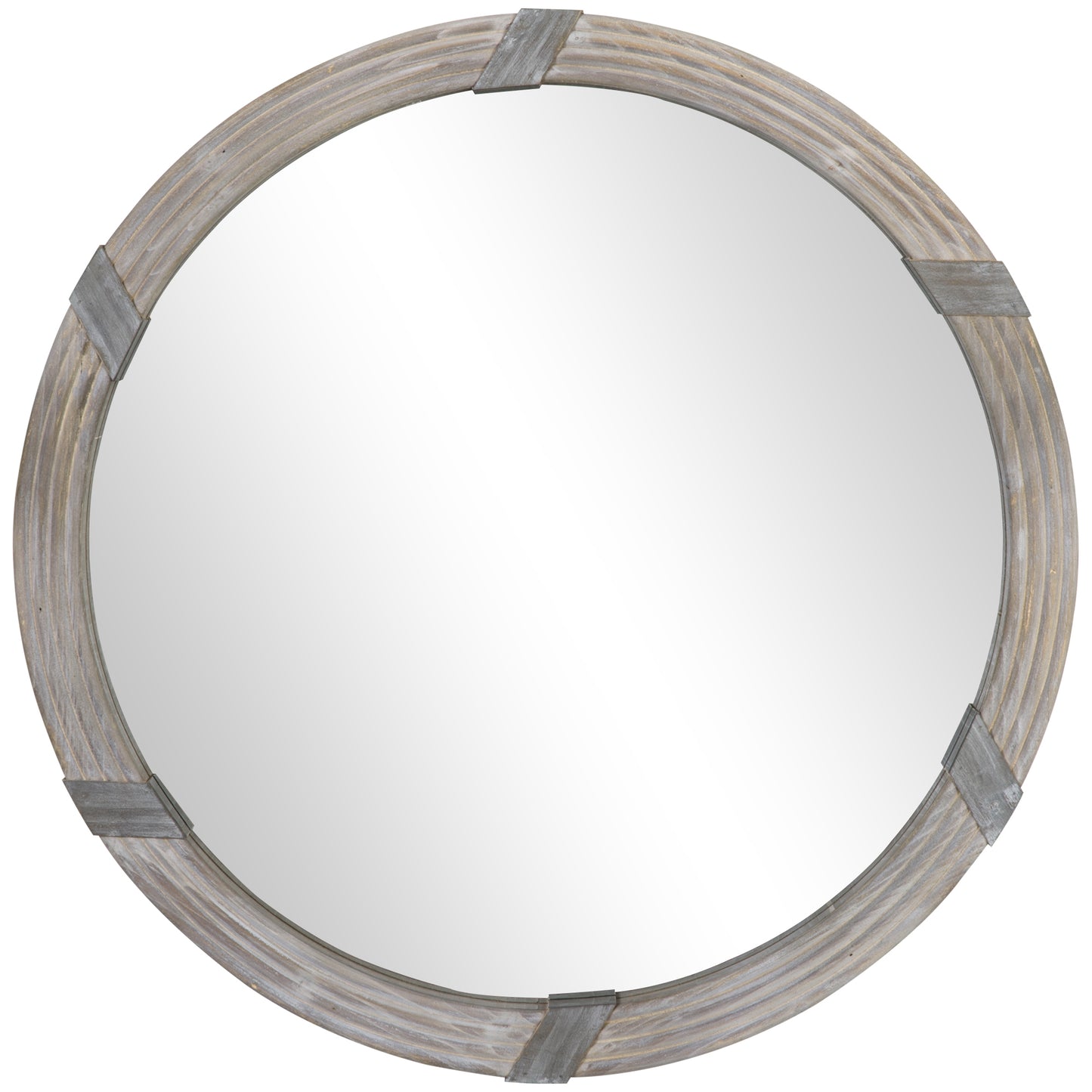 Round wall mirror with a distressed wood frame and metal accents
