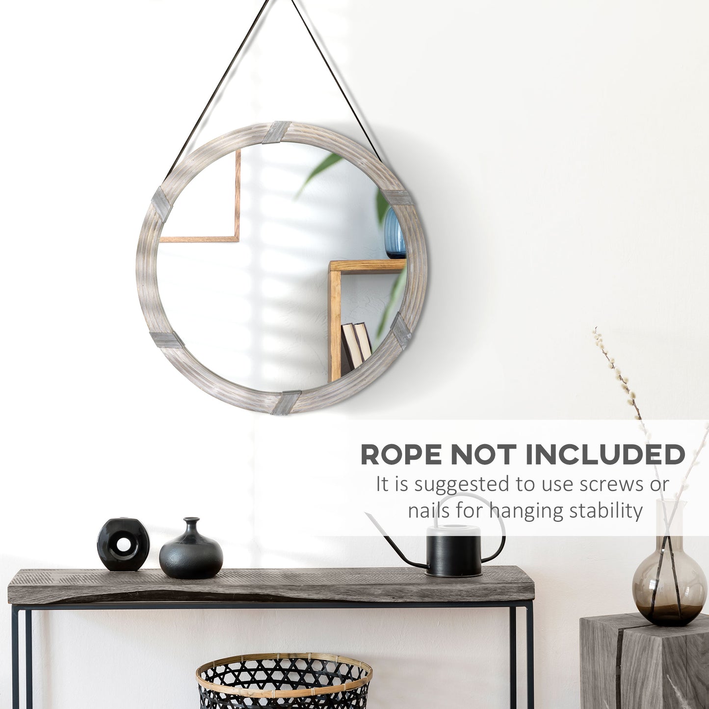 Round rustic wood wall mirror with gray wash finish and metal accents
