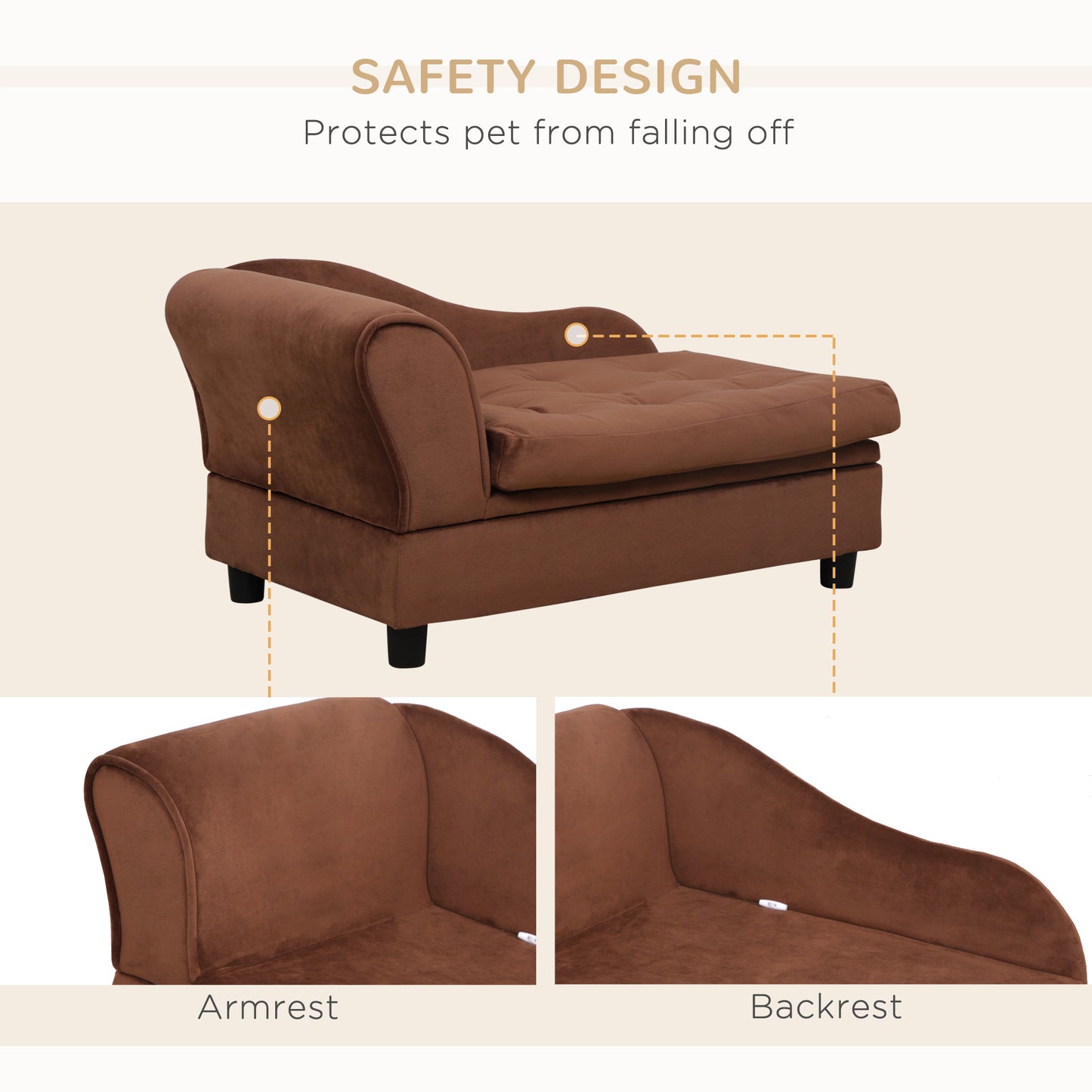 Brown velvet tufted pet sofa with raised armrests and backrest for safety