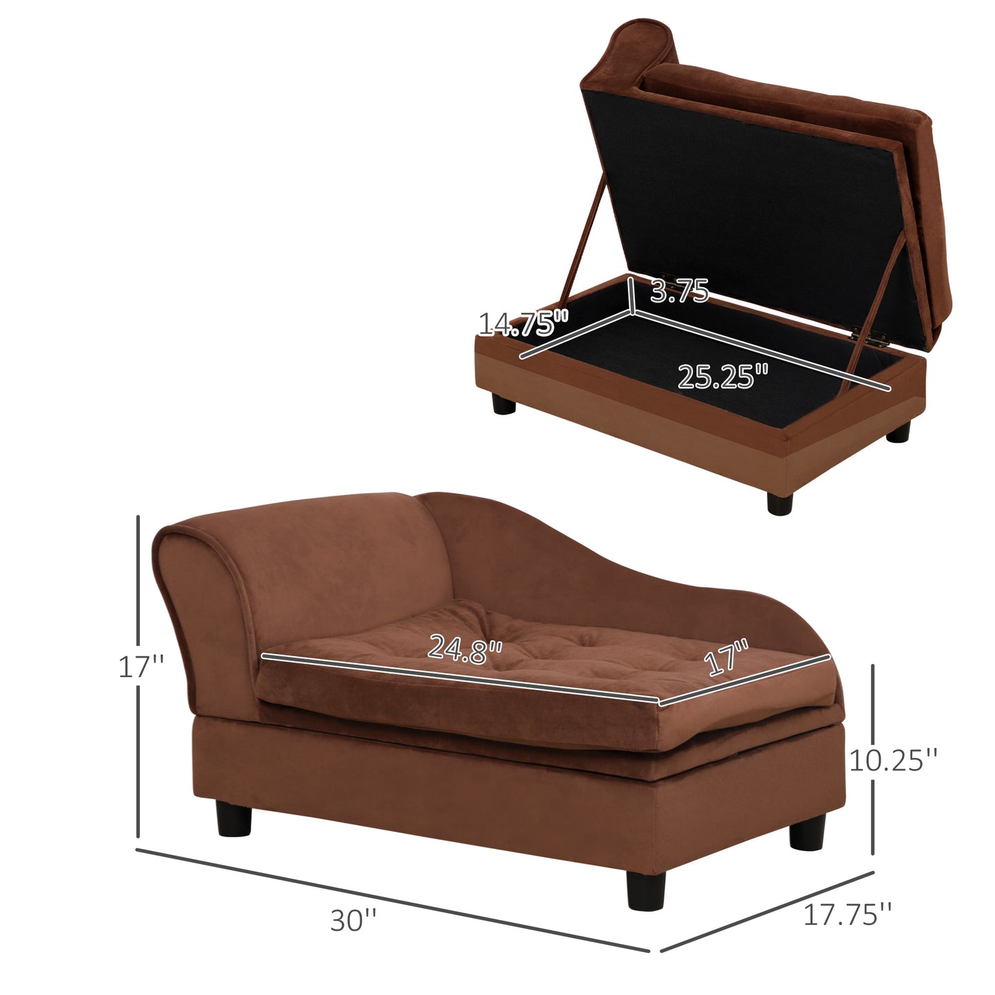 Brown velvet chaise lounge with tufted seat and hidden storage compartment