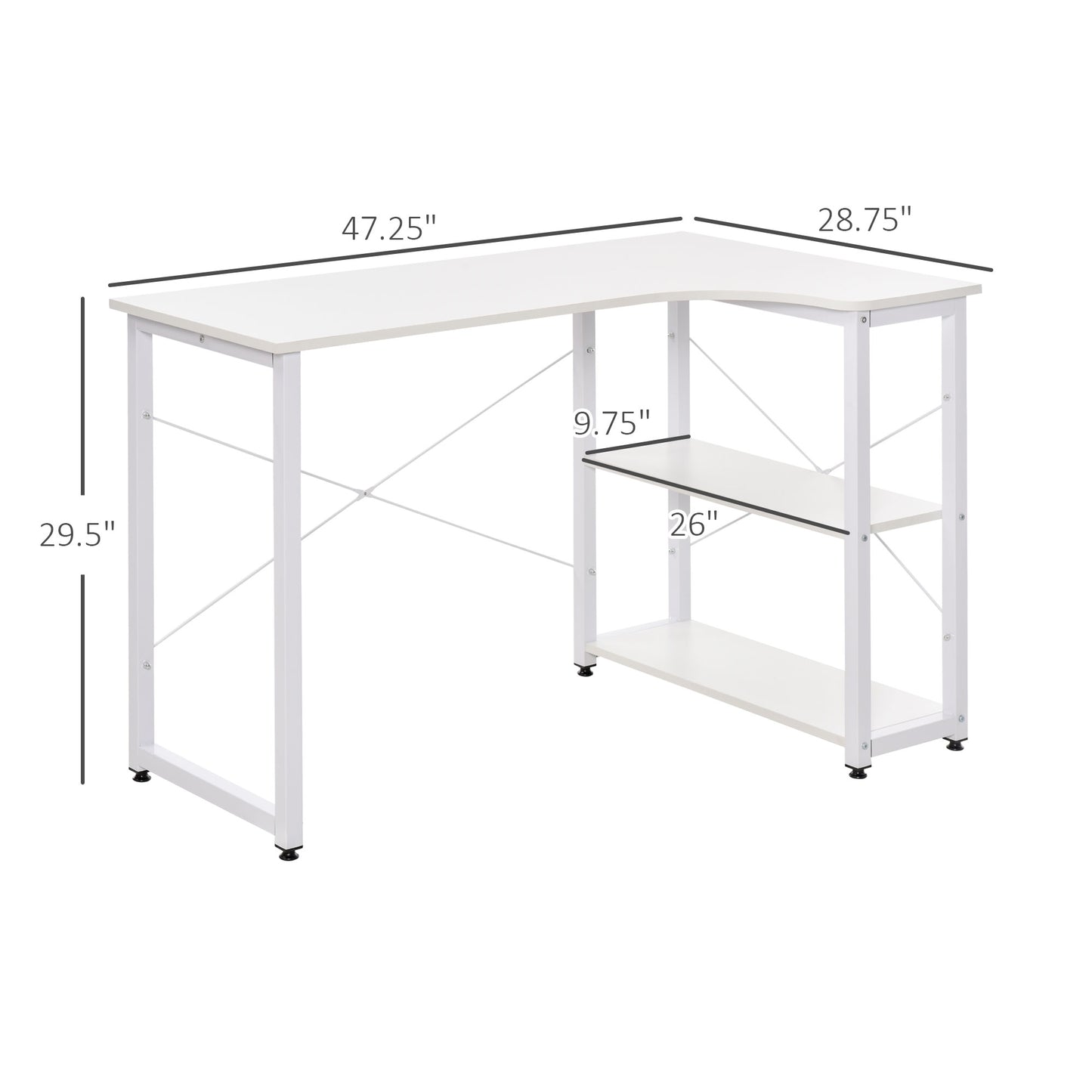 White Lshaped computer desk with two shelves and metal frame