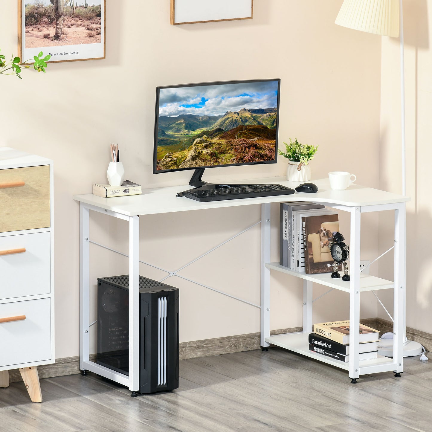 White Lshaped computer desk with shelves keyboard monitor and desktop tower