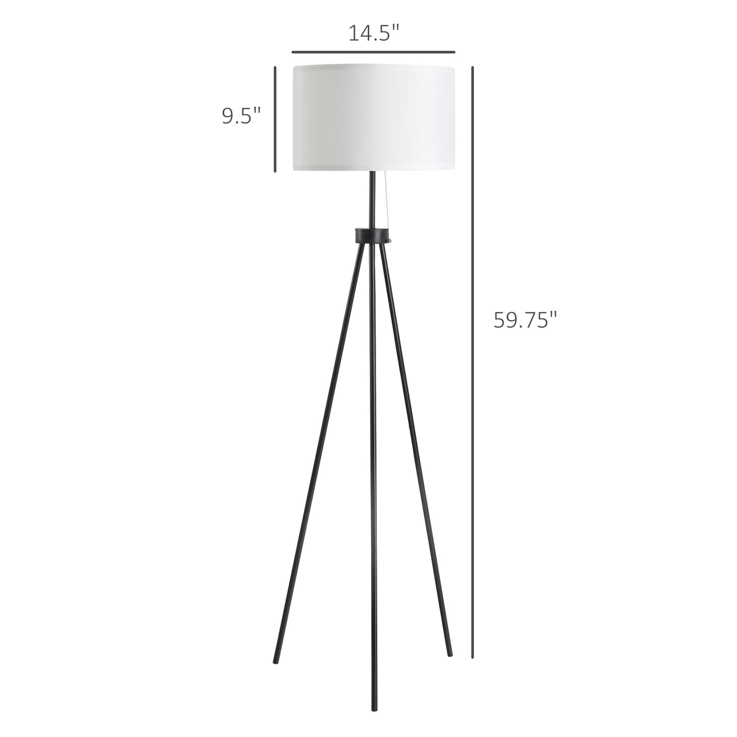 Black tripod floor lamp with white drum shade diameter modern style