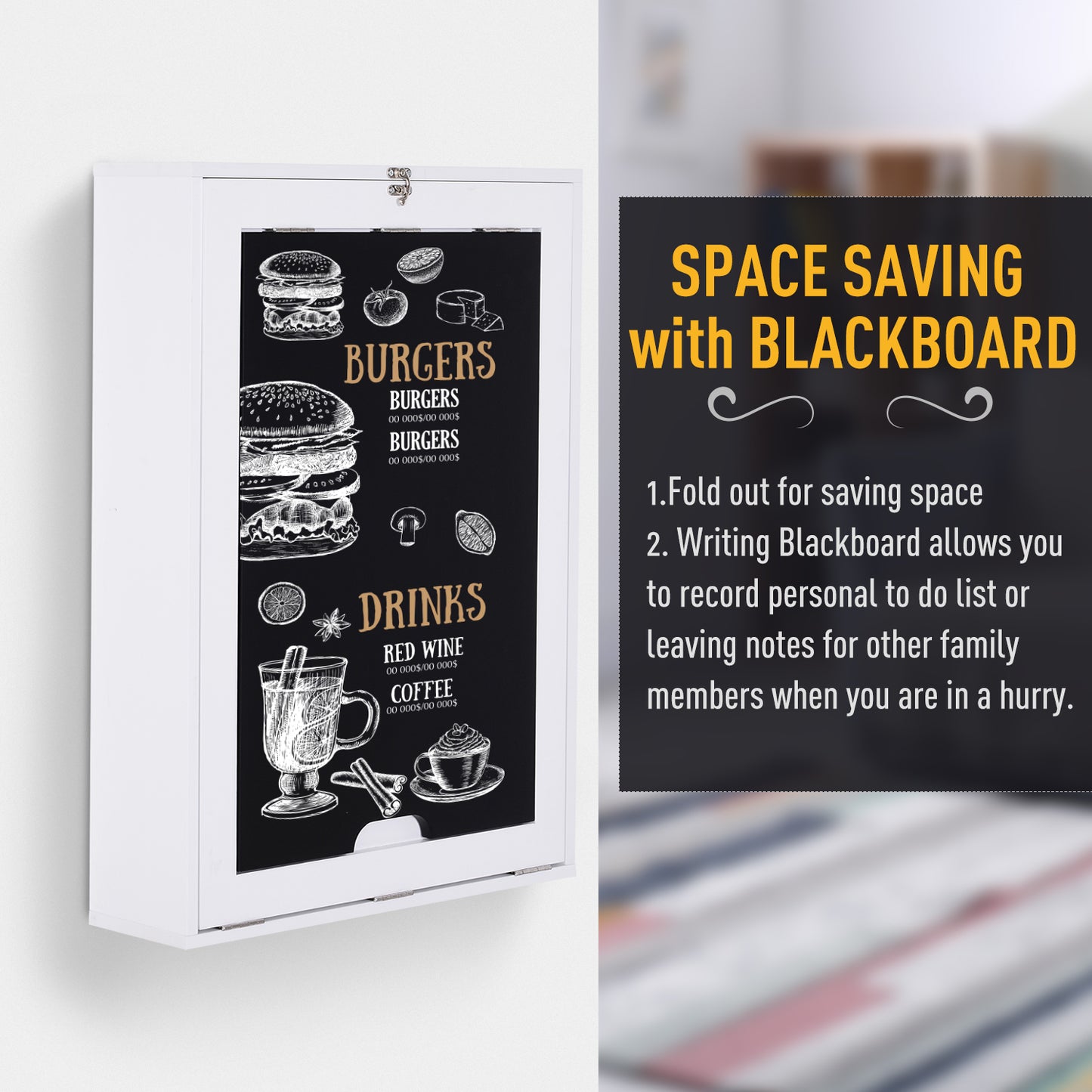 White foldable cabinet with a chalkboard menu displaying burgers and drinks