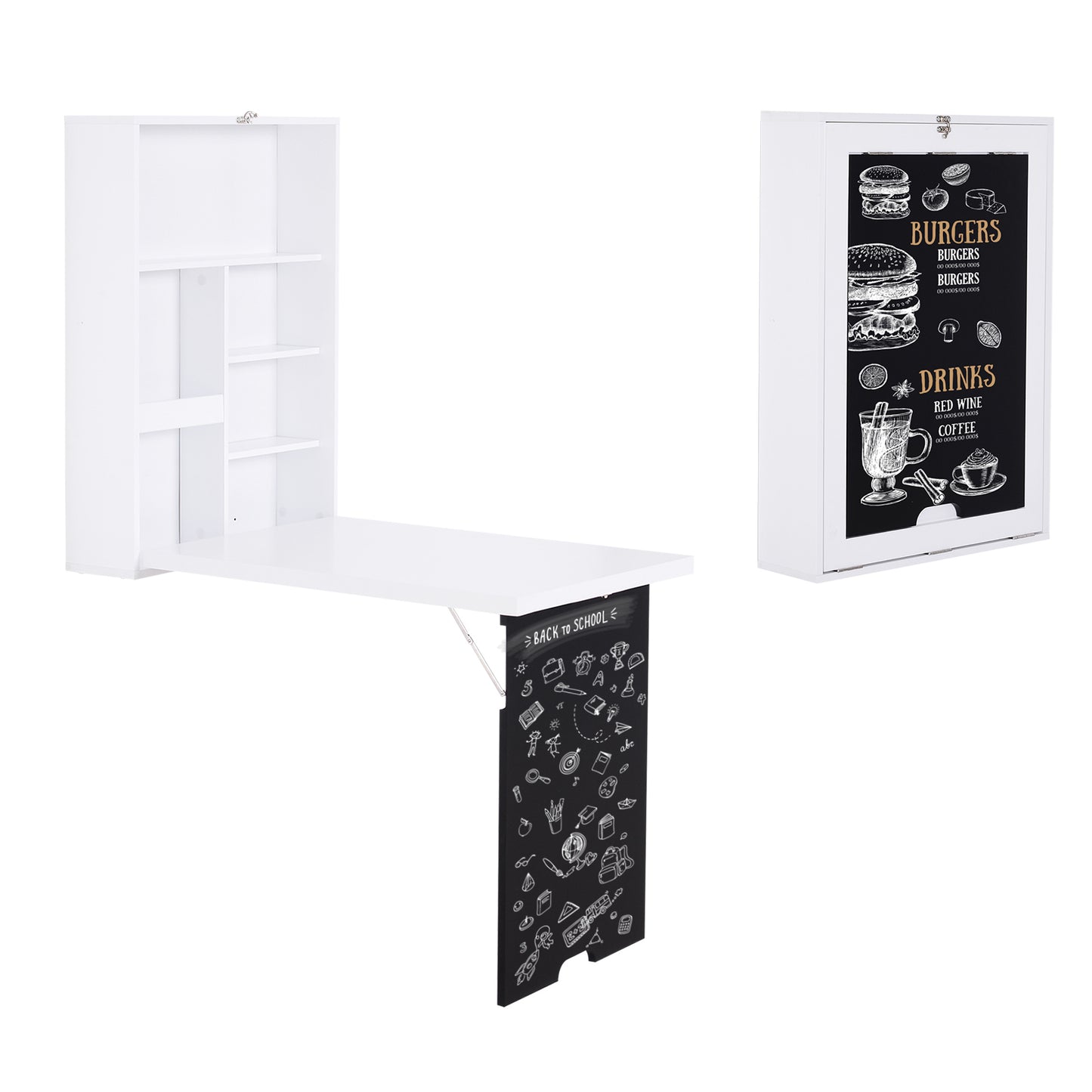 White wallmounted desk with shelves and foldout tabletop featuring chalk drawings of school supplies