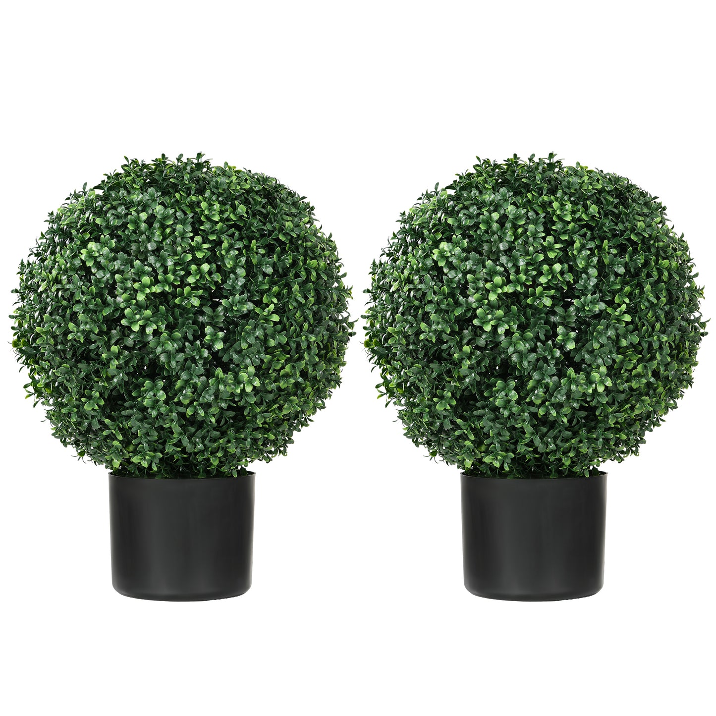 Two round artificial boxwood topiaries in black planters for outdoor decor