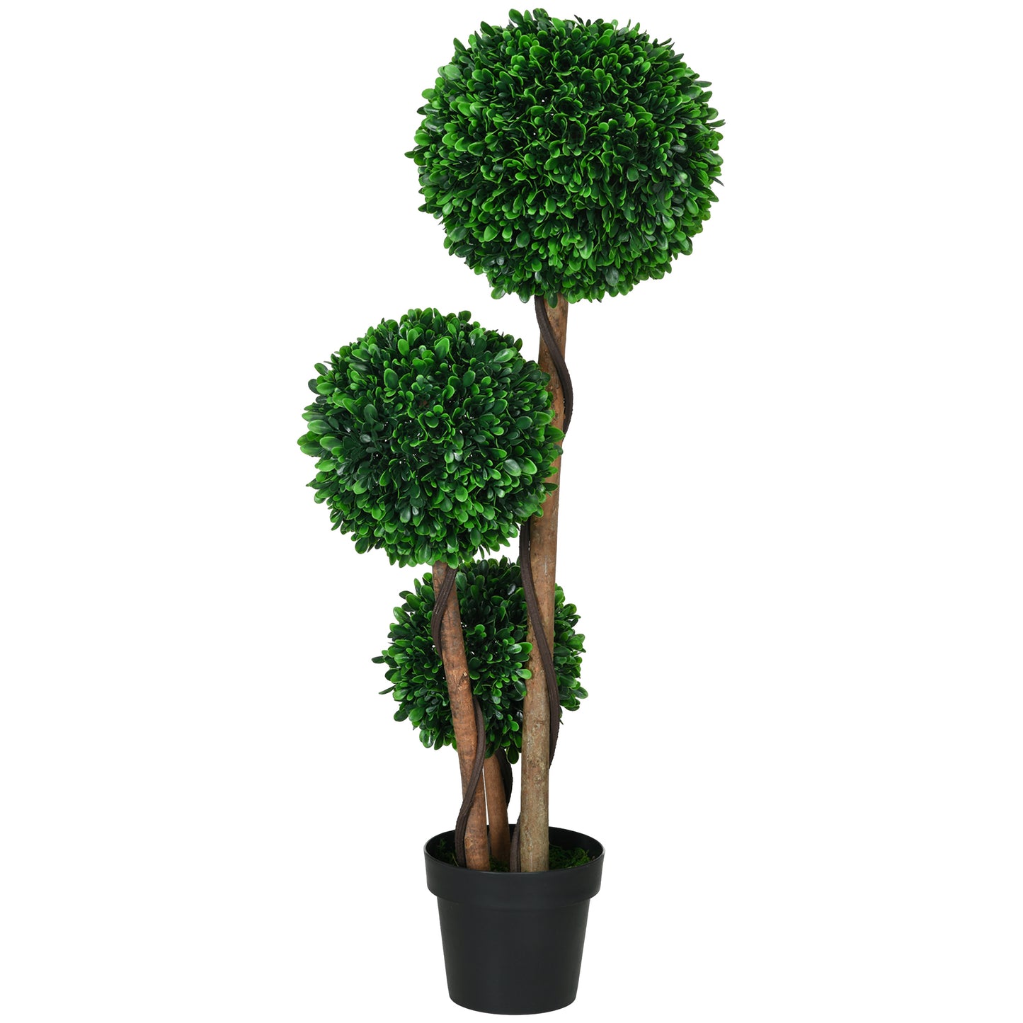 Artificial tripleball topiary tree with dark green foliage and brown twisted trunks in a black pot