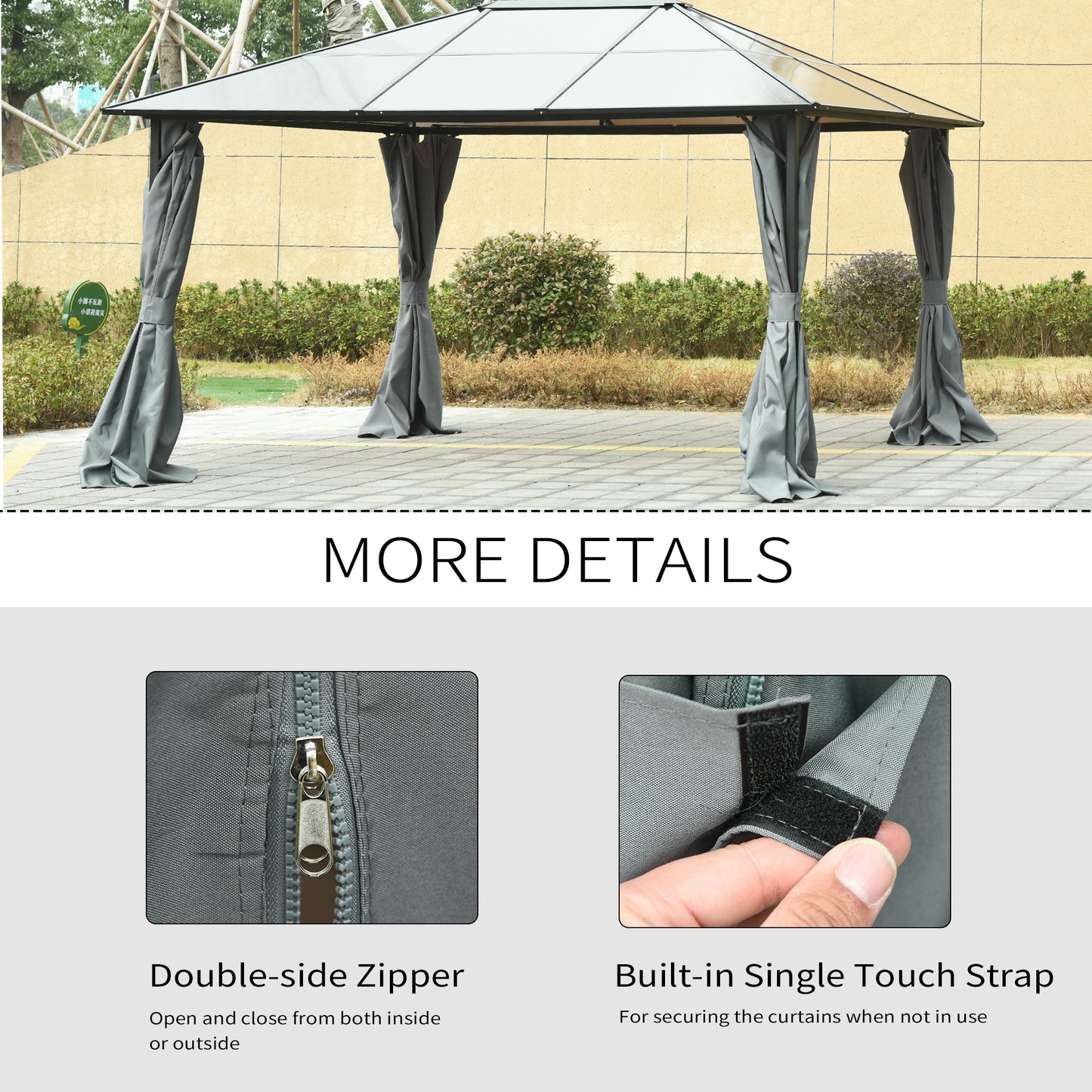 Gray outdoor gazebo with draped curtains and a clear roof panel