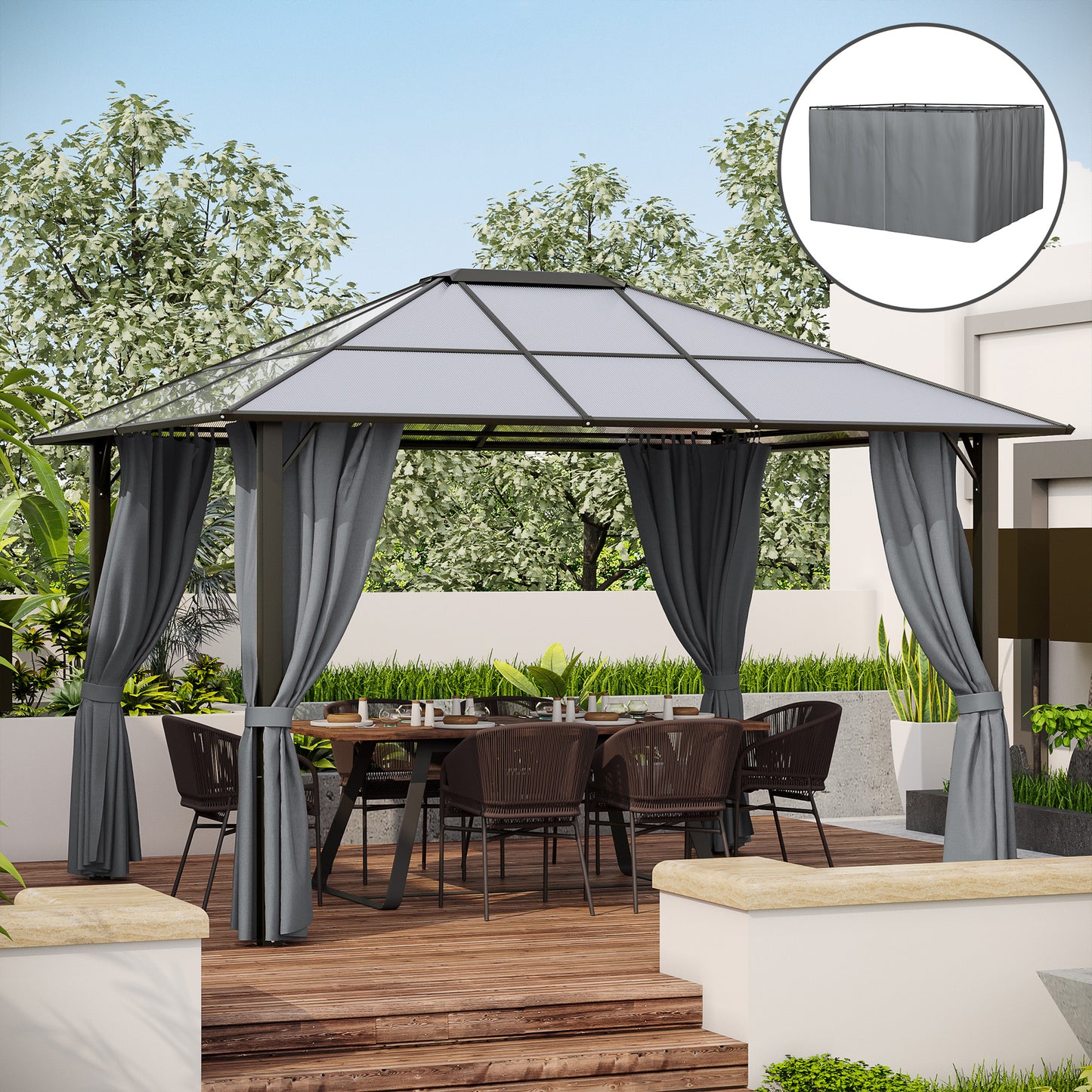 Dark grey gazebo with polycarbonate roof and side curtains set in a garden with a dining table