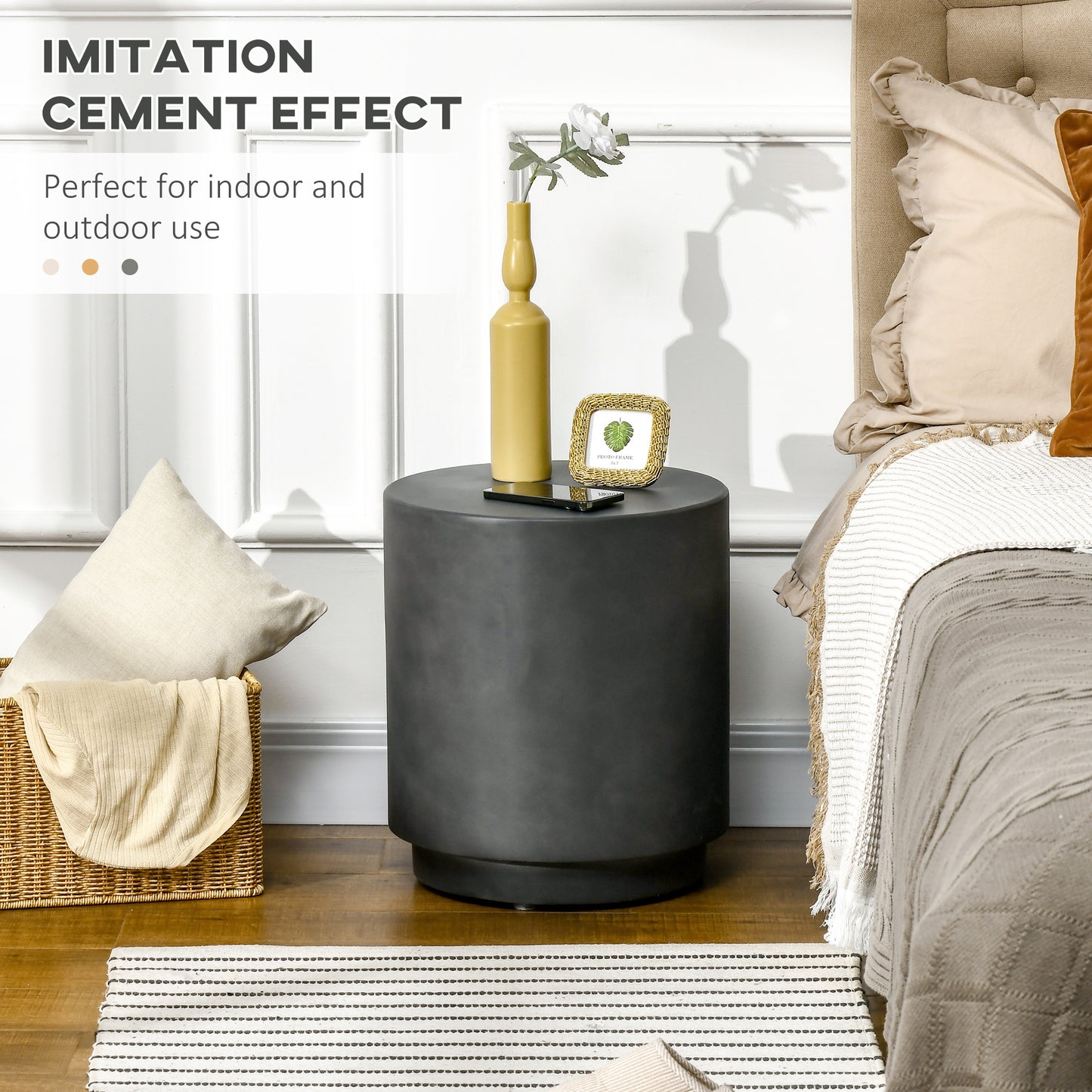 Dark gray cement effect round side table with minimalist design