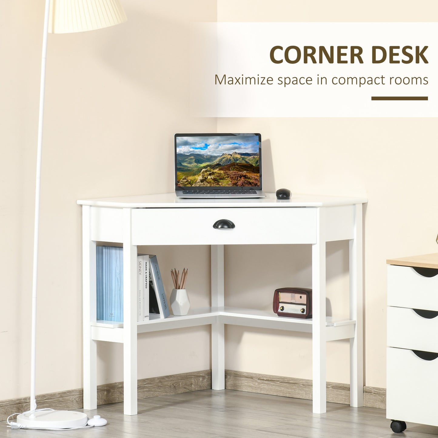 White corner desk with laptop mouse and drawer for compact room organization