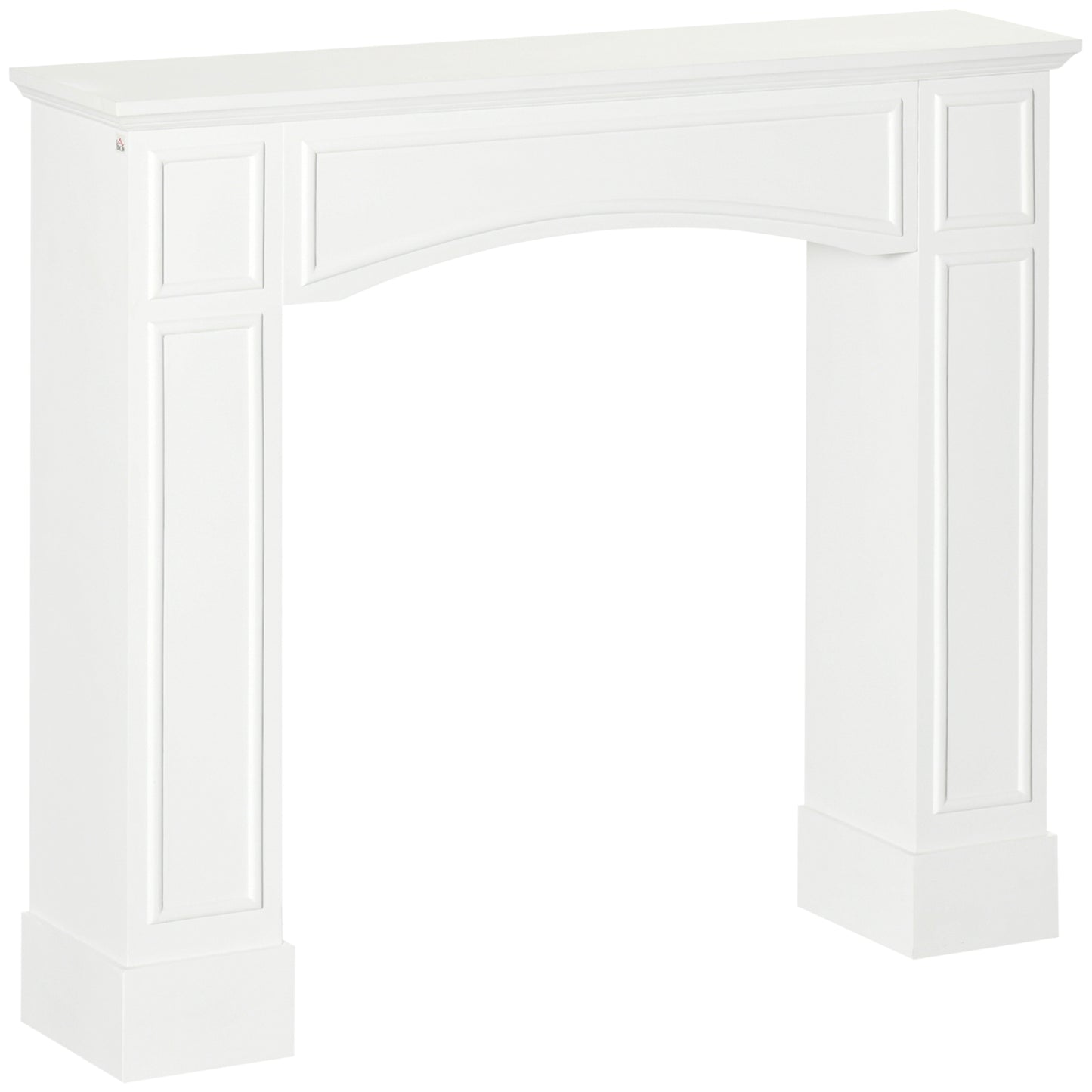 White wooden fireplace mantel with arched opening and paneled sides