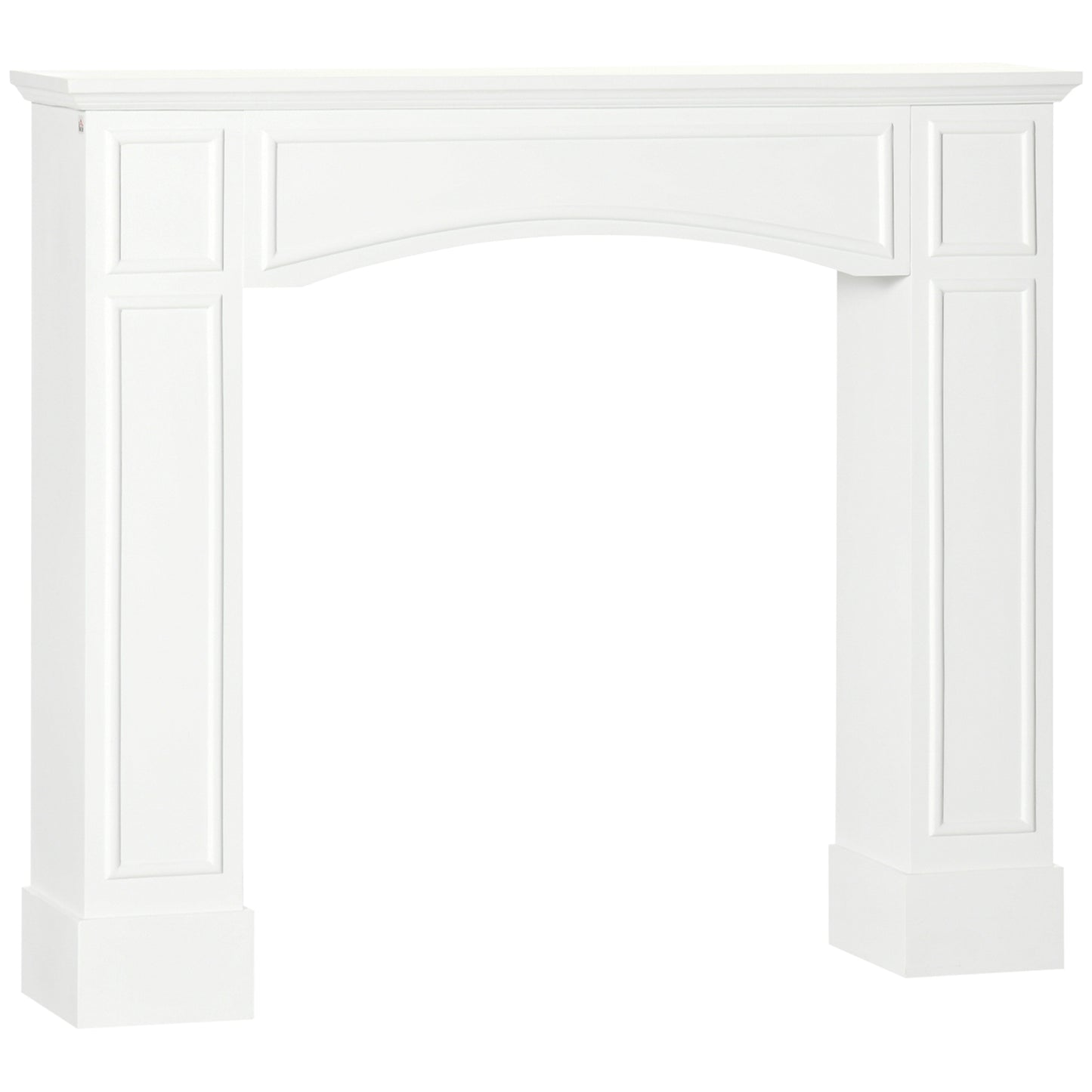 White arched fireplace mantel with detailed molding and classic paneled sides