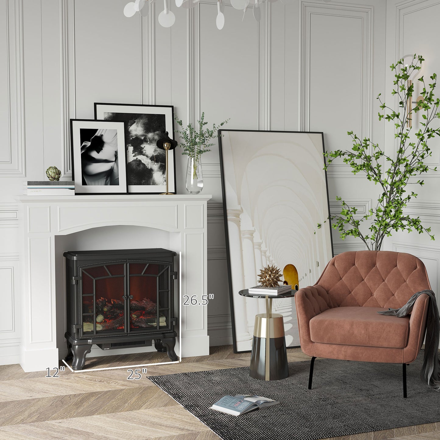 Antique black electric fireplace with realistic flame effect inches wide