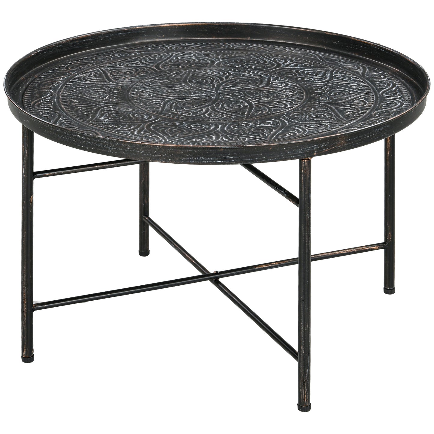 Antique black round tray table with ornate embossed pattern and metal legs