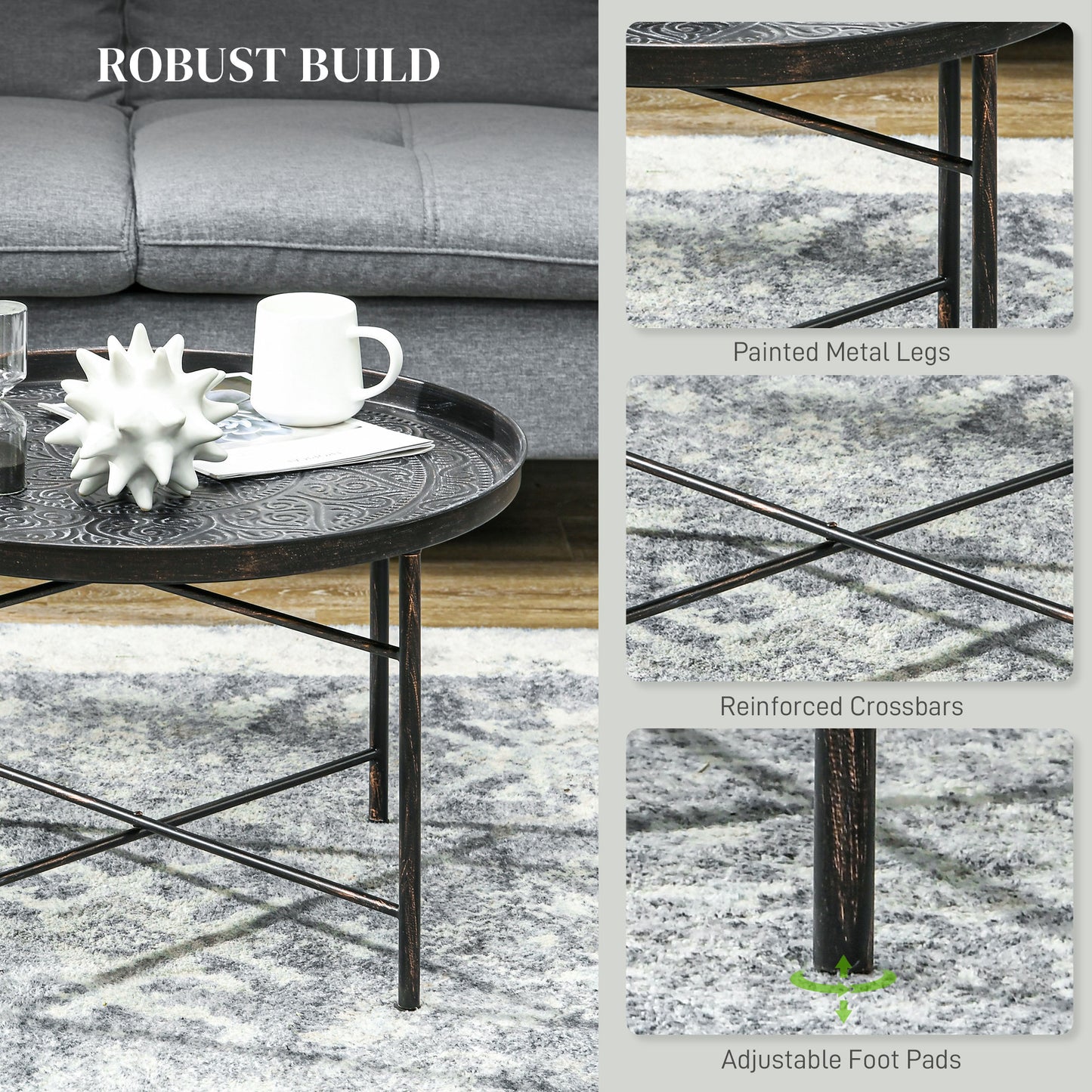 Round metal coffee table with ornate embossed pattern perfect for living rooms