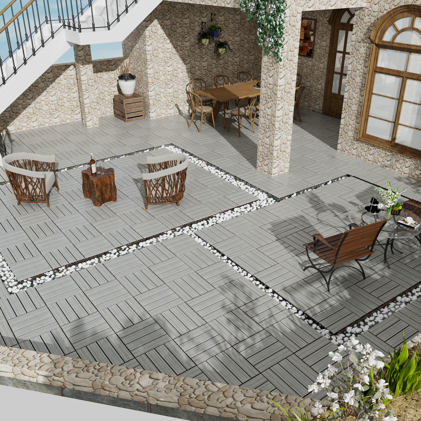 Grey composite decking tiles for outdoor patios and gardens laid in a parquet pattern