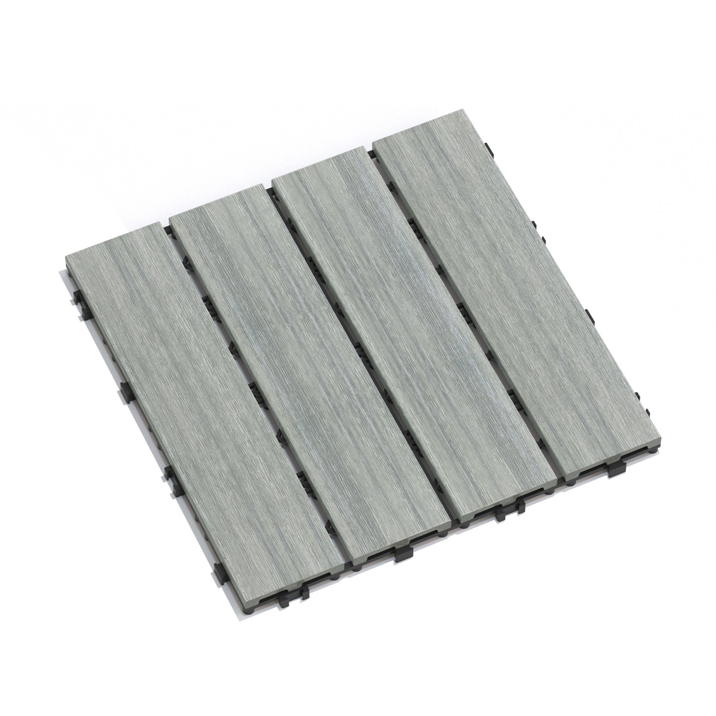 Four interlocking grey composite deck tiles with a wood grain texture for outdoor flooring