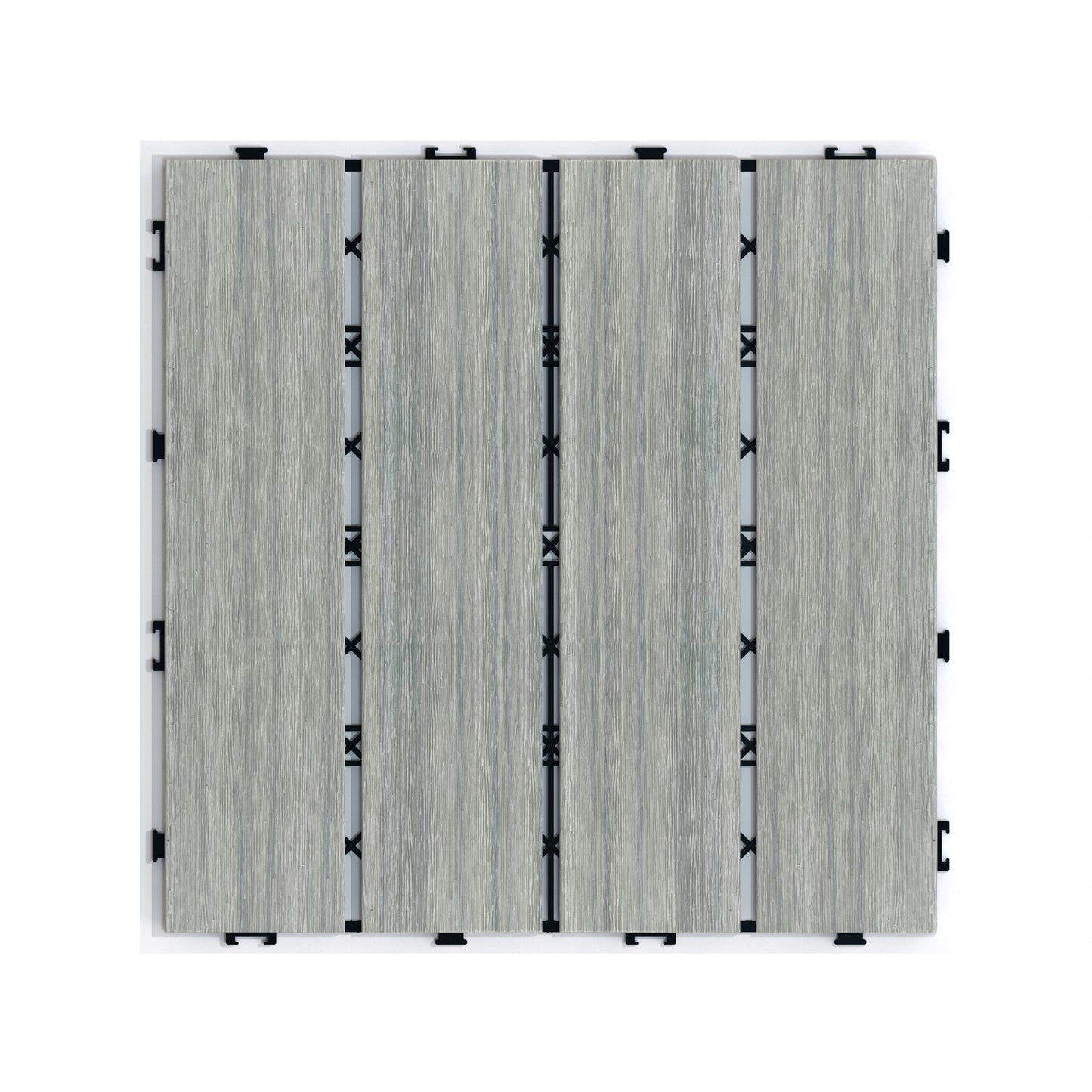 Four interlocking grey woodlook outdoor deck tiles with a textured grain pattern
