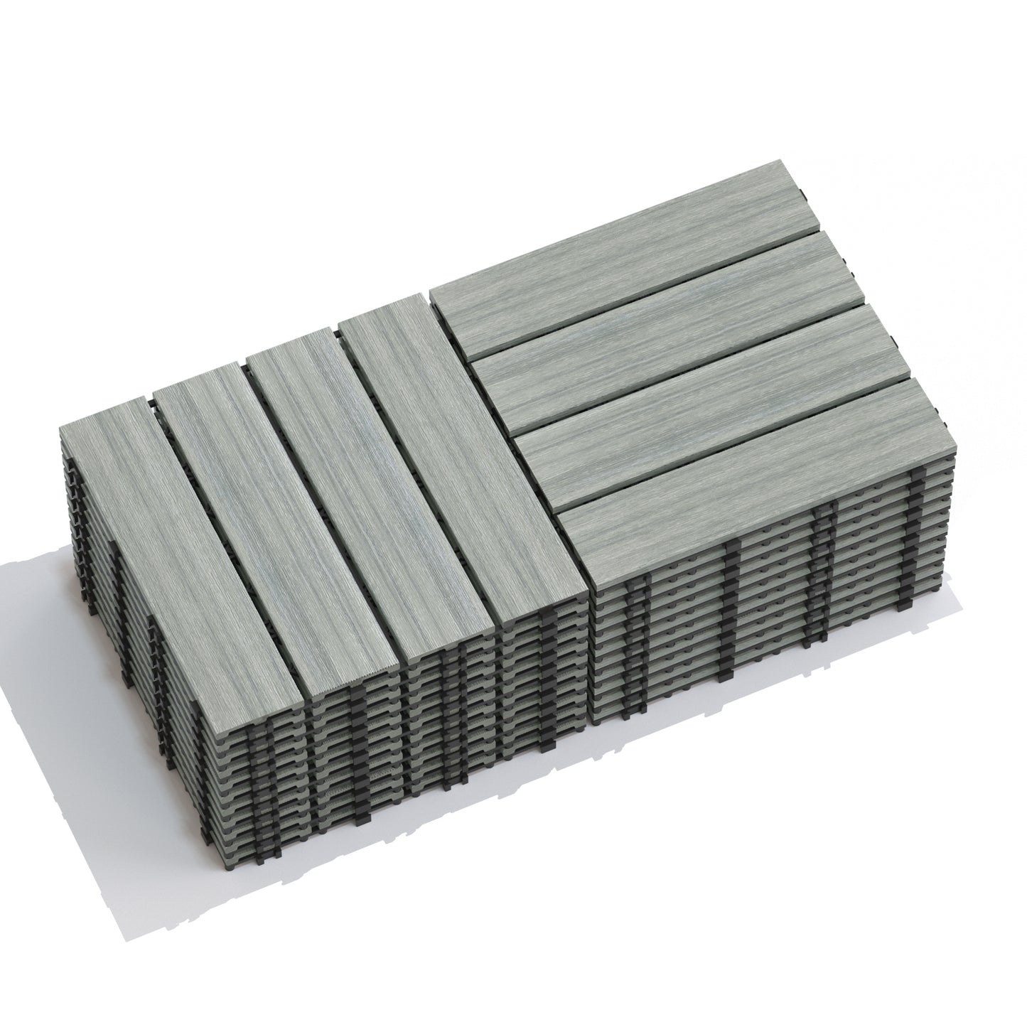 Stack of grey composite decking tiles with wood grain texture