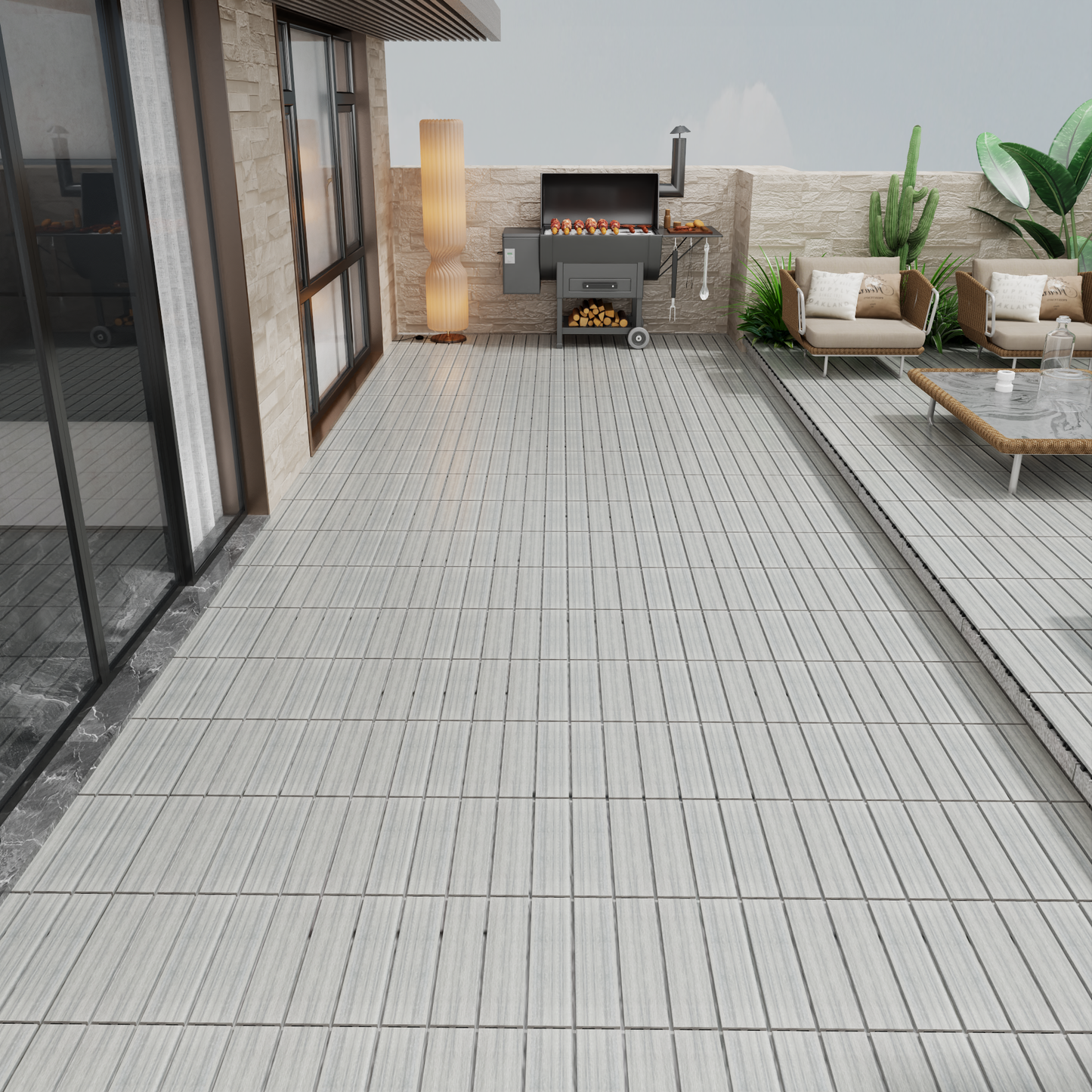 Gray woodlook deck tiles with a modern patio setup featuring a grill
