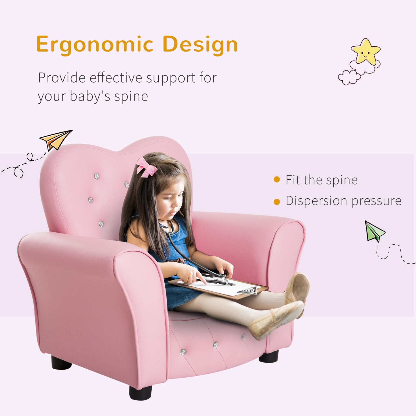 Pink heartshaped childrens armchair with rhinestone tufting and an ergonomic design for babys spine support