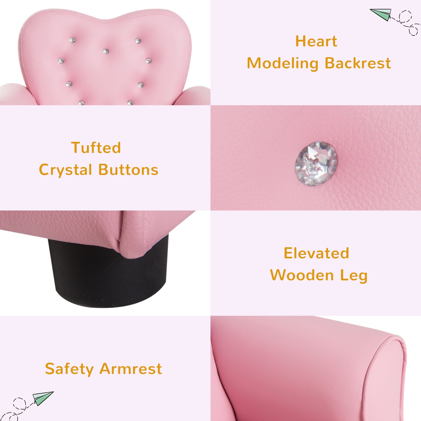 Pink velvet kids chair with heartshaped backrest and crystal tufting