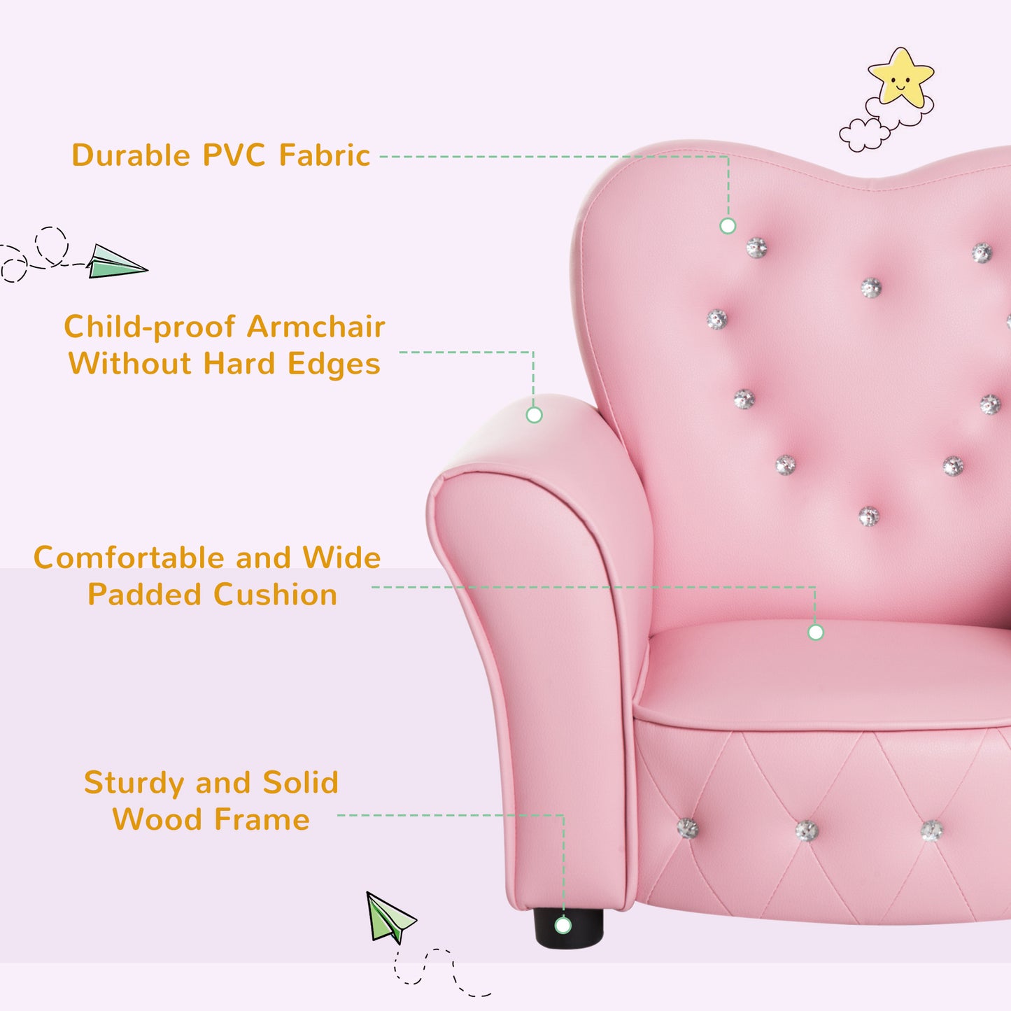 Pink childrens armchair with diamondtufted upholstery and crystal accents
