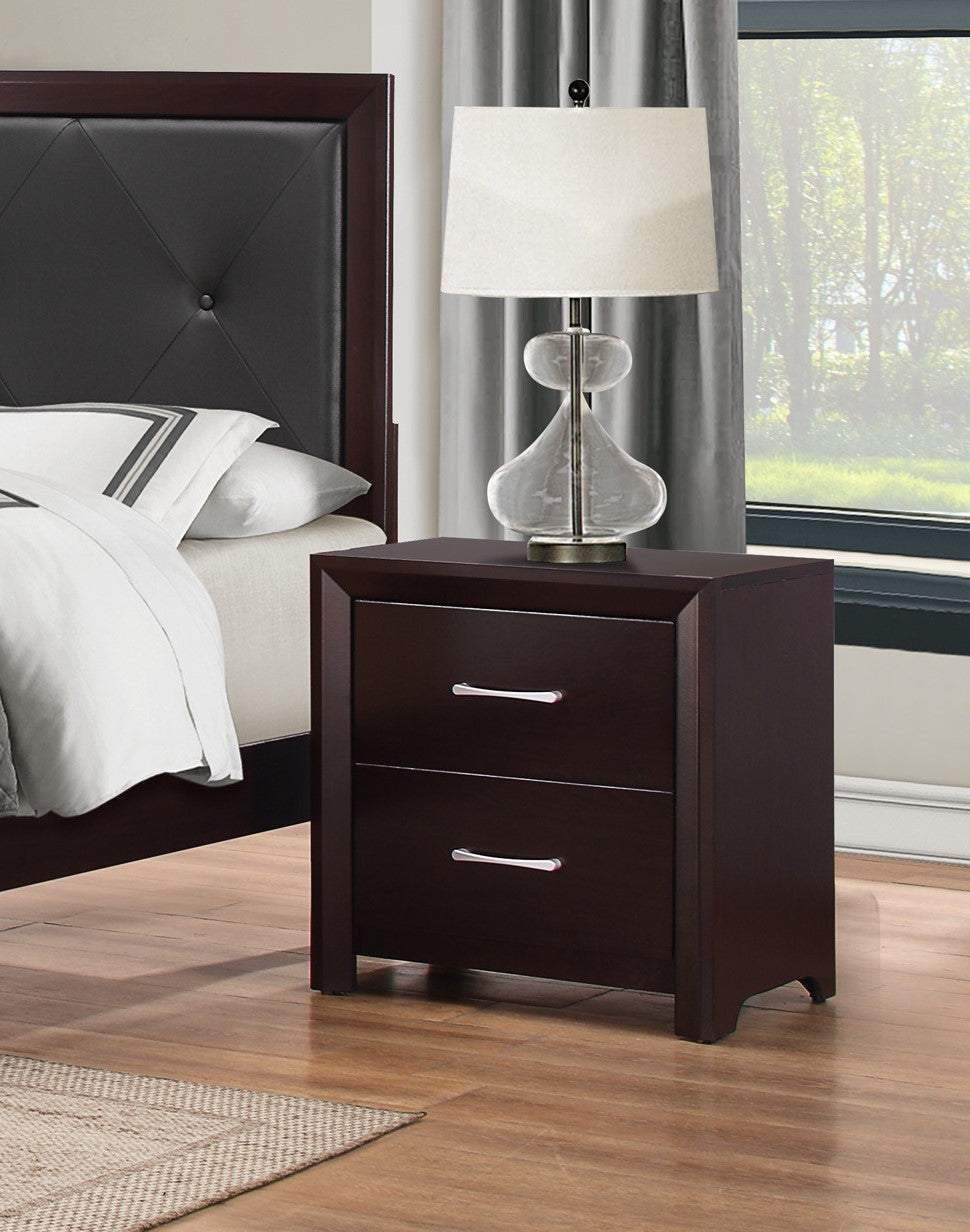 Dark brown wood nightstand with two drawers and silver pulls