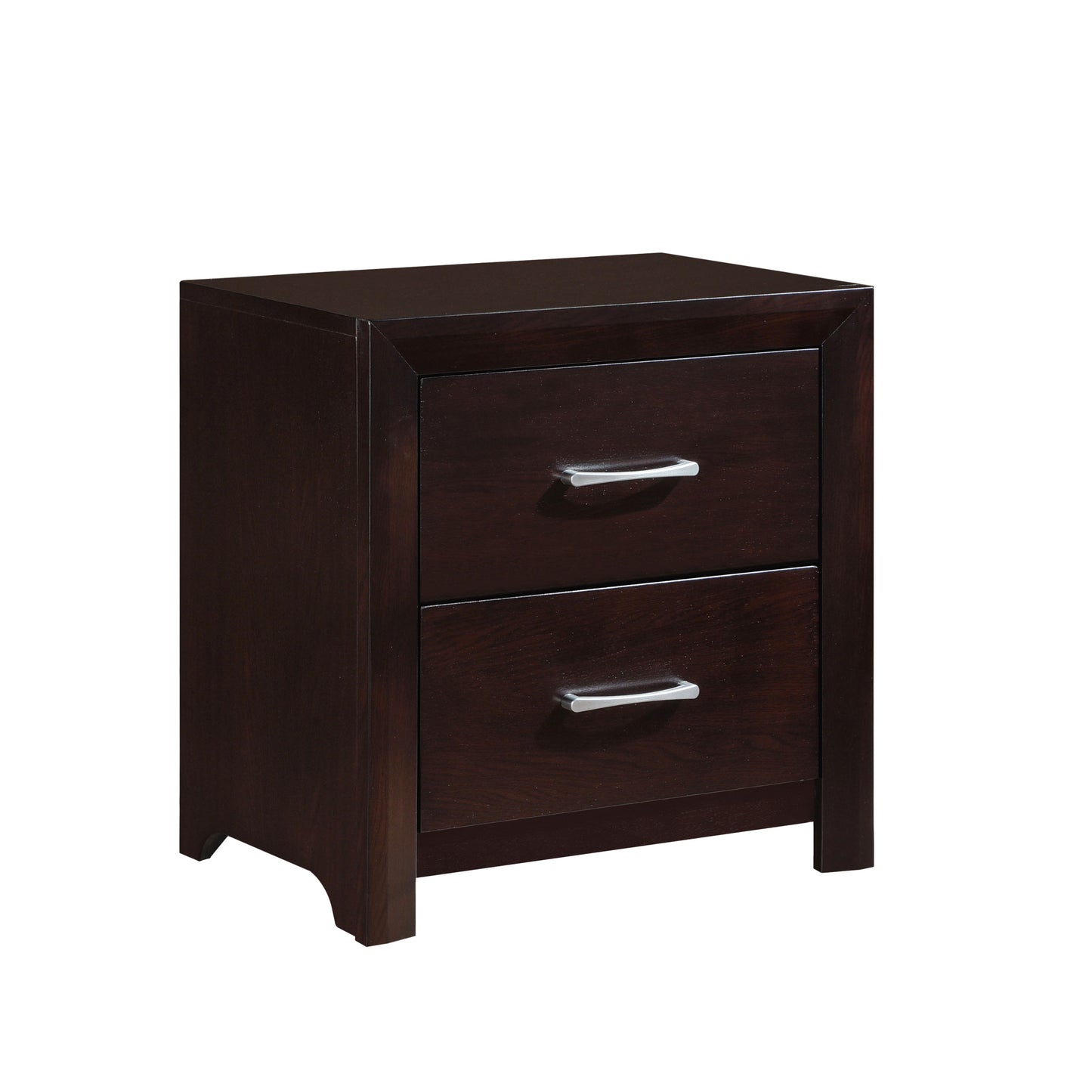 Dark brown wood nightstand with two silver pull drawers
