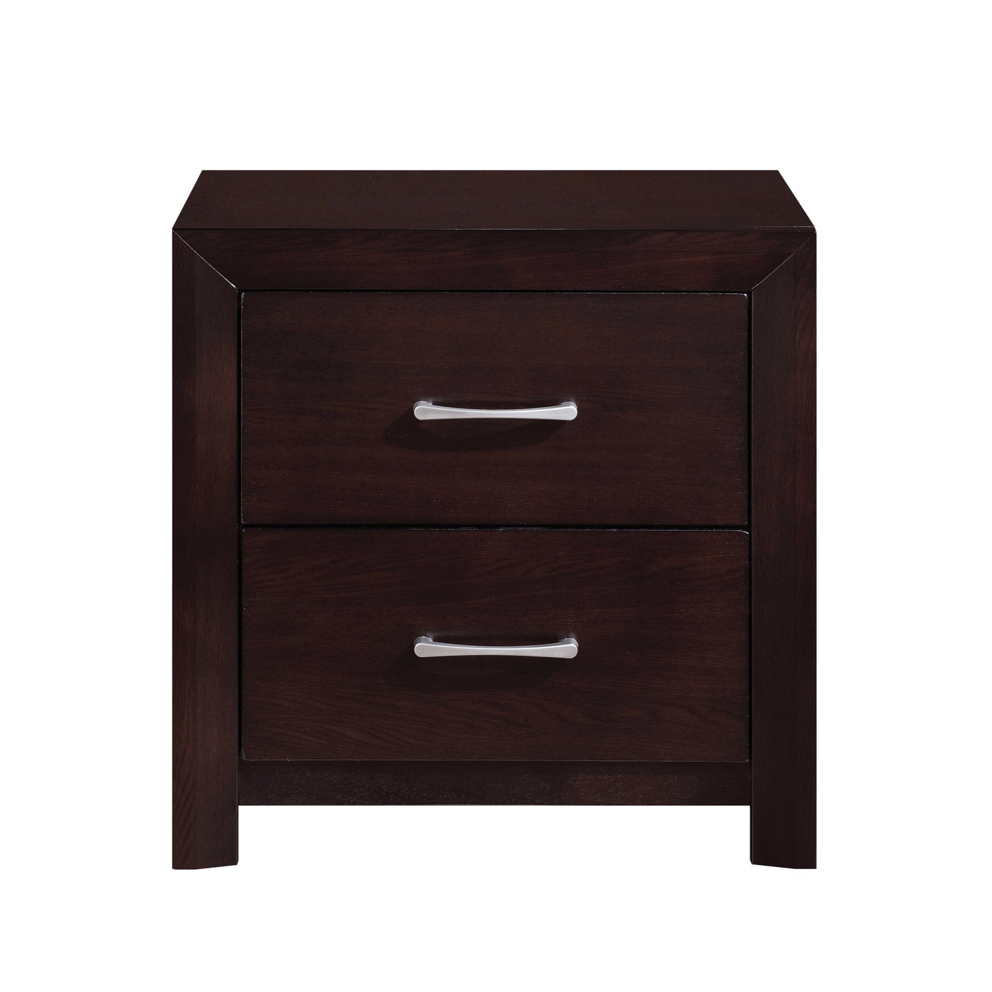 Dark wood contemporary nightstand with two silver pull drawers