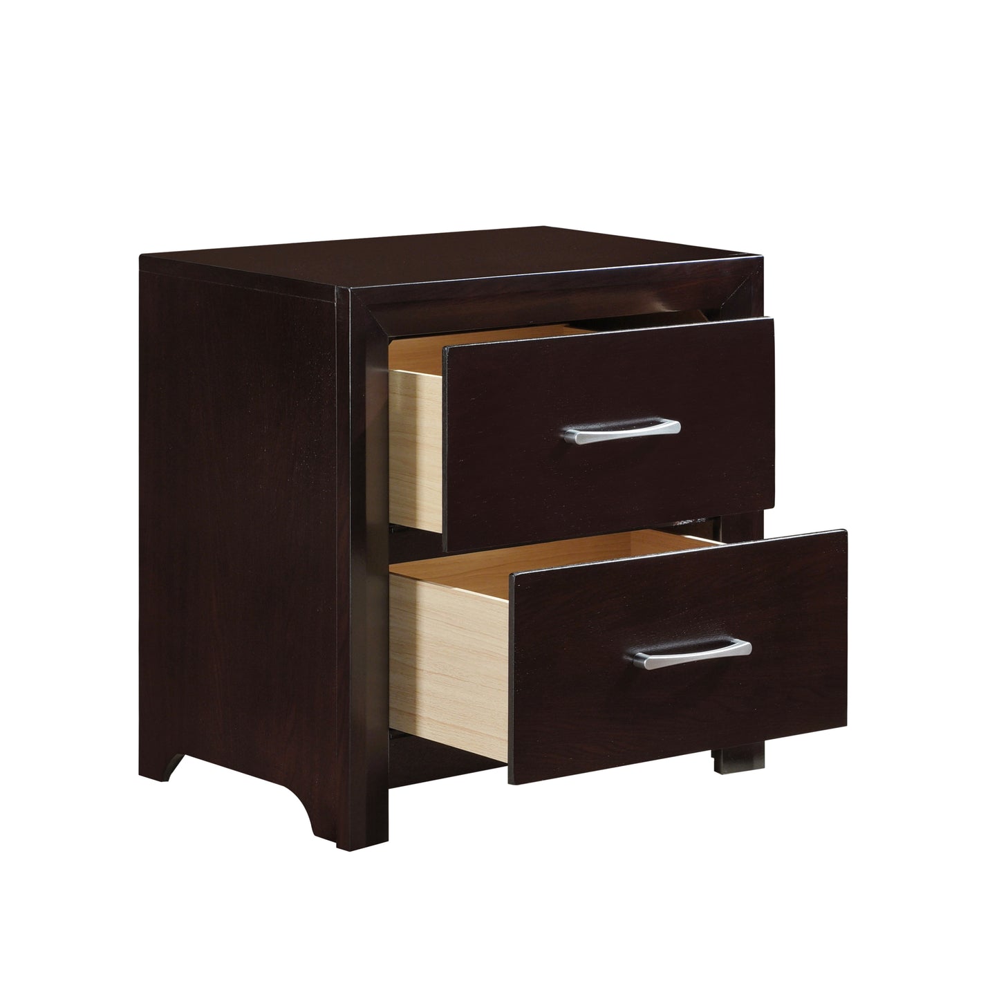 Dark brown wood nightstand with two open drawers and silver handles