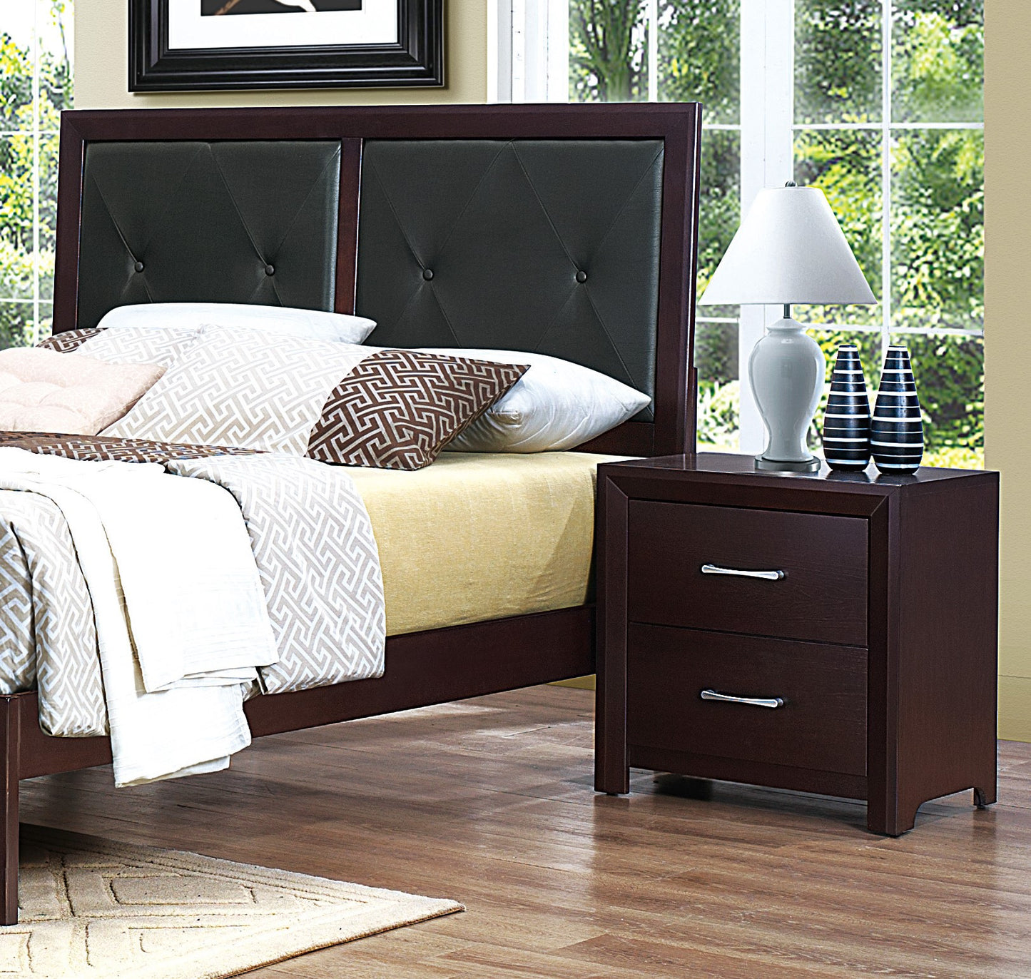 Dark brown tufted headboard with diamond stitching on a queen bed frame