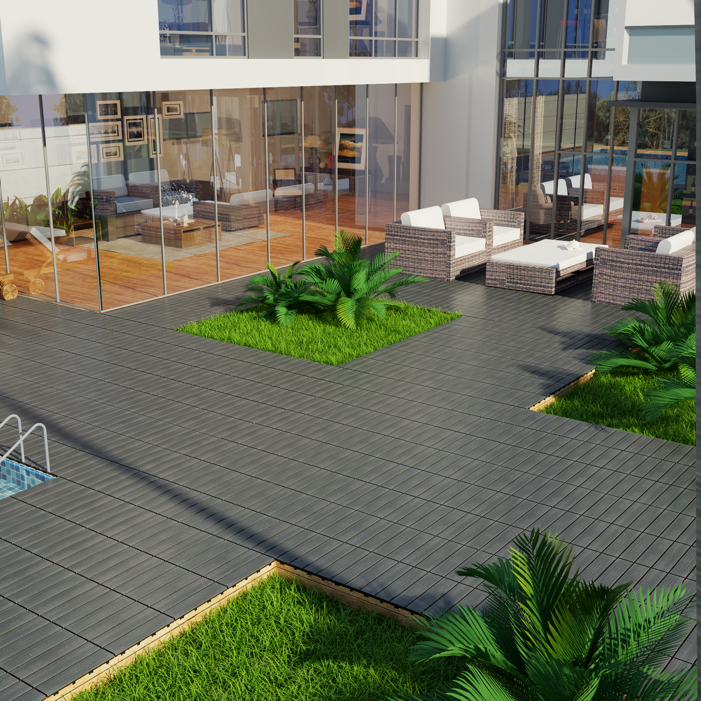 Gray composite decking planks installed on a modern patio with surrounding greenery