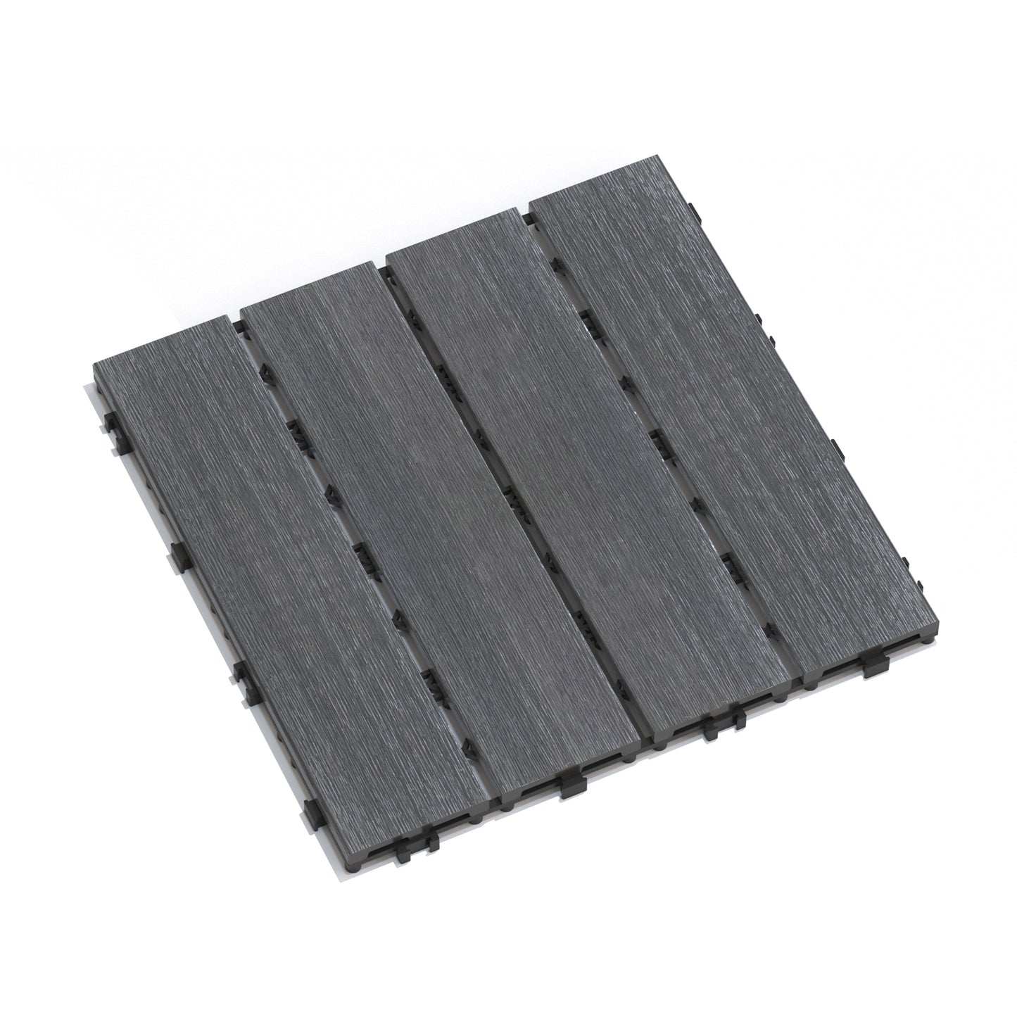 Four dark grey interlocking composite decking tiles with wood grain texture