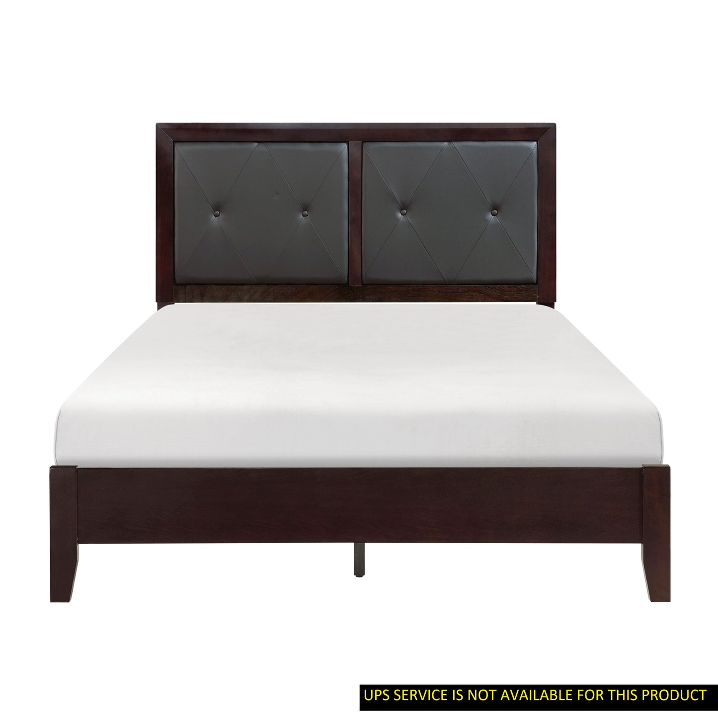 Modern dark brown wood bed frame with a tufted grey upholstered headboard