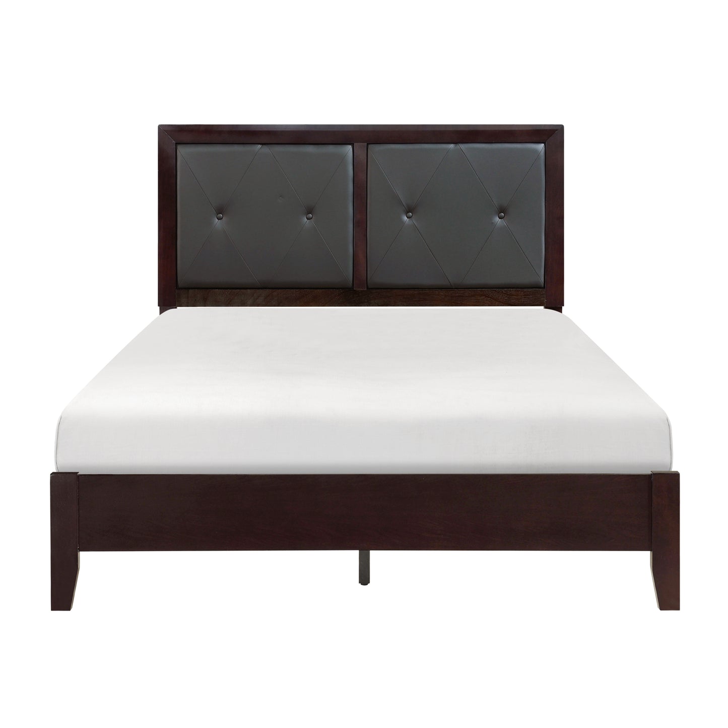 Dark wood platform bed frame with tufted gray upholstered headboard