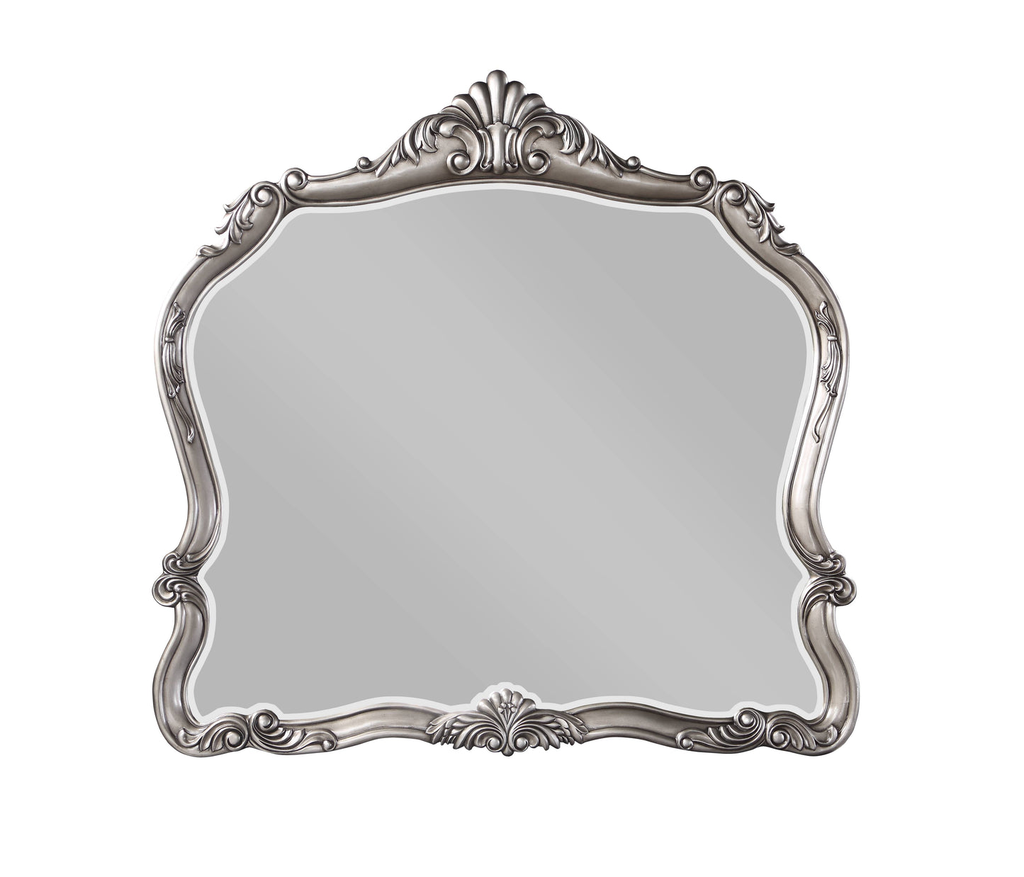 Antique ornate silver wall mirror with rococoinspired frame