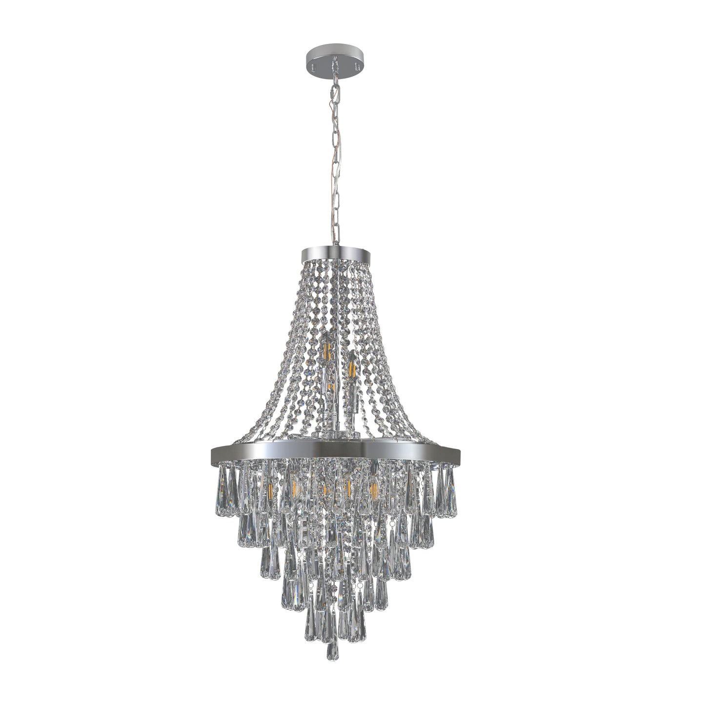 Elegant crystal chandelier with chrome finish cascading teardrop pendants for luxury dining room lighting