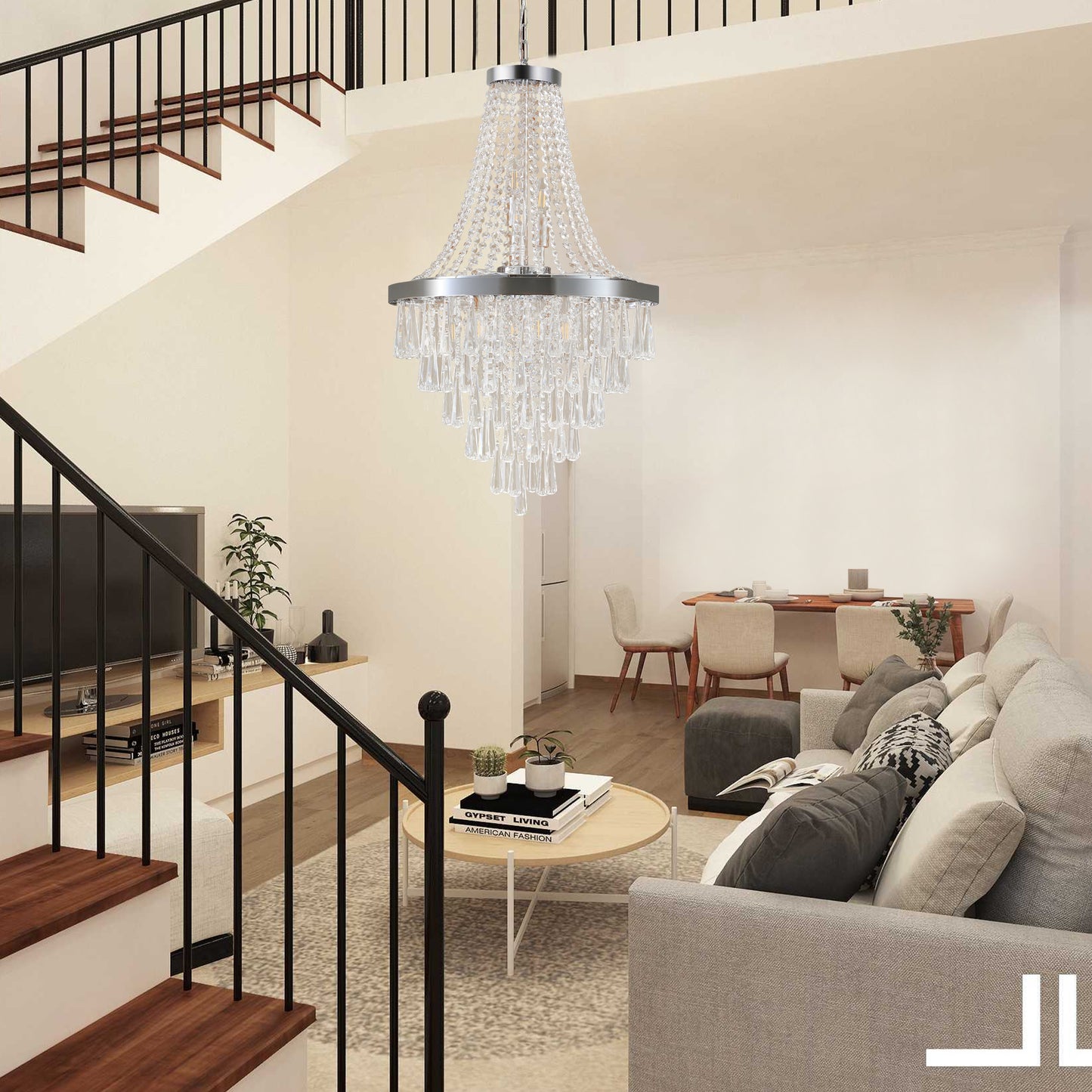 Crystal beaded chandelier with brushed nickel finish and teardrop accents