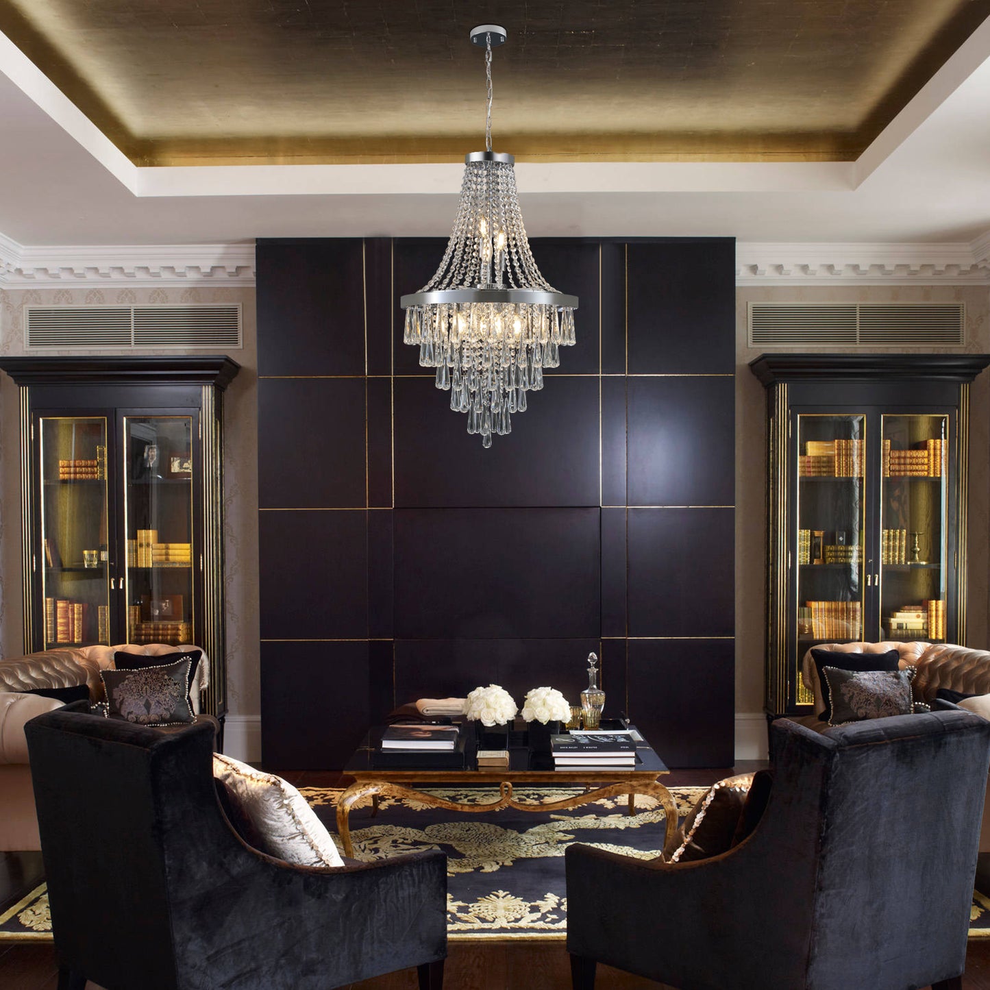 Elegant crystal chandelier with cascading teardrop prisms and silver accents a luxurious lighting fixture