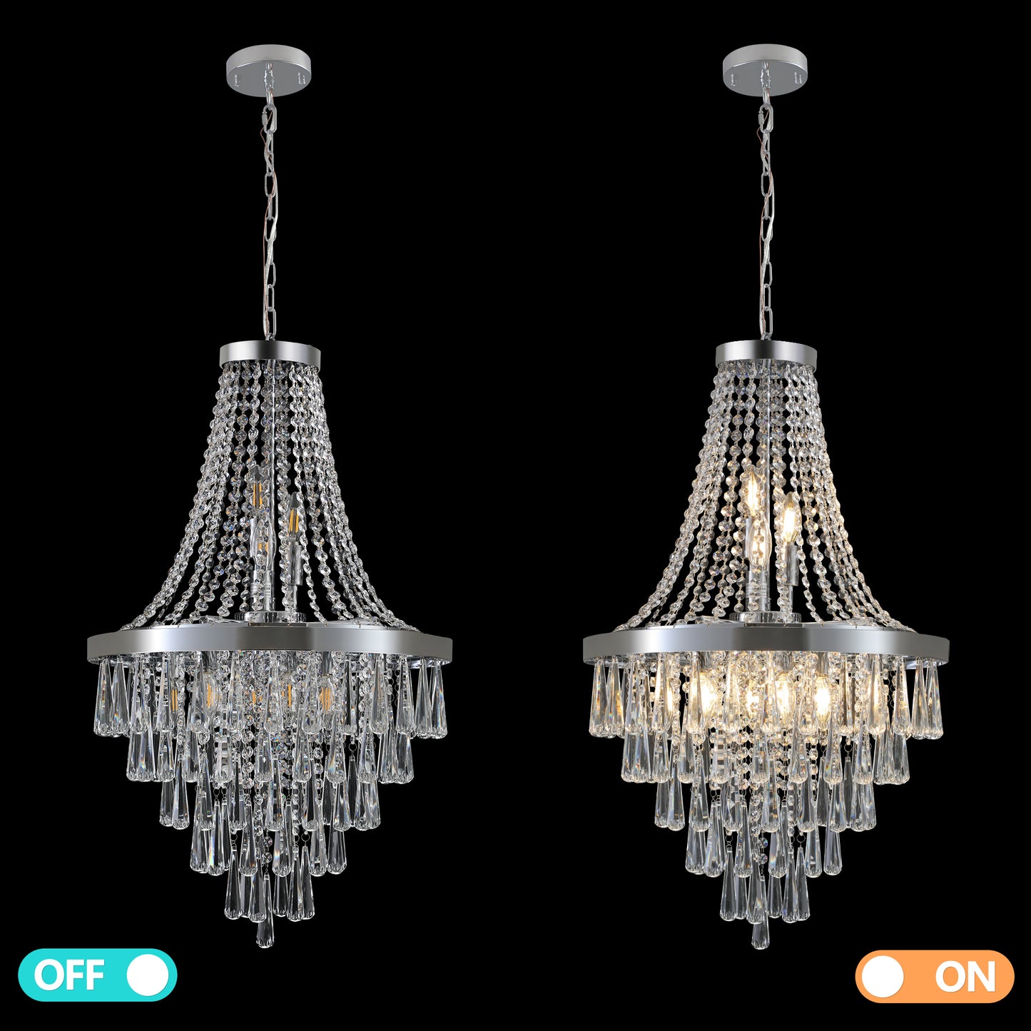Elegant chrome chandelier with cascading crystal accents perfect for dining rooms