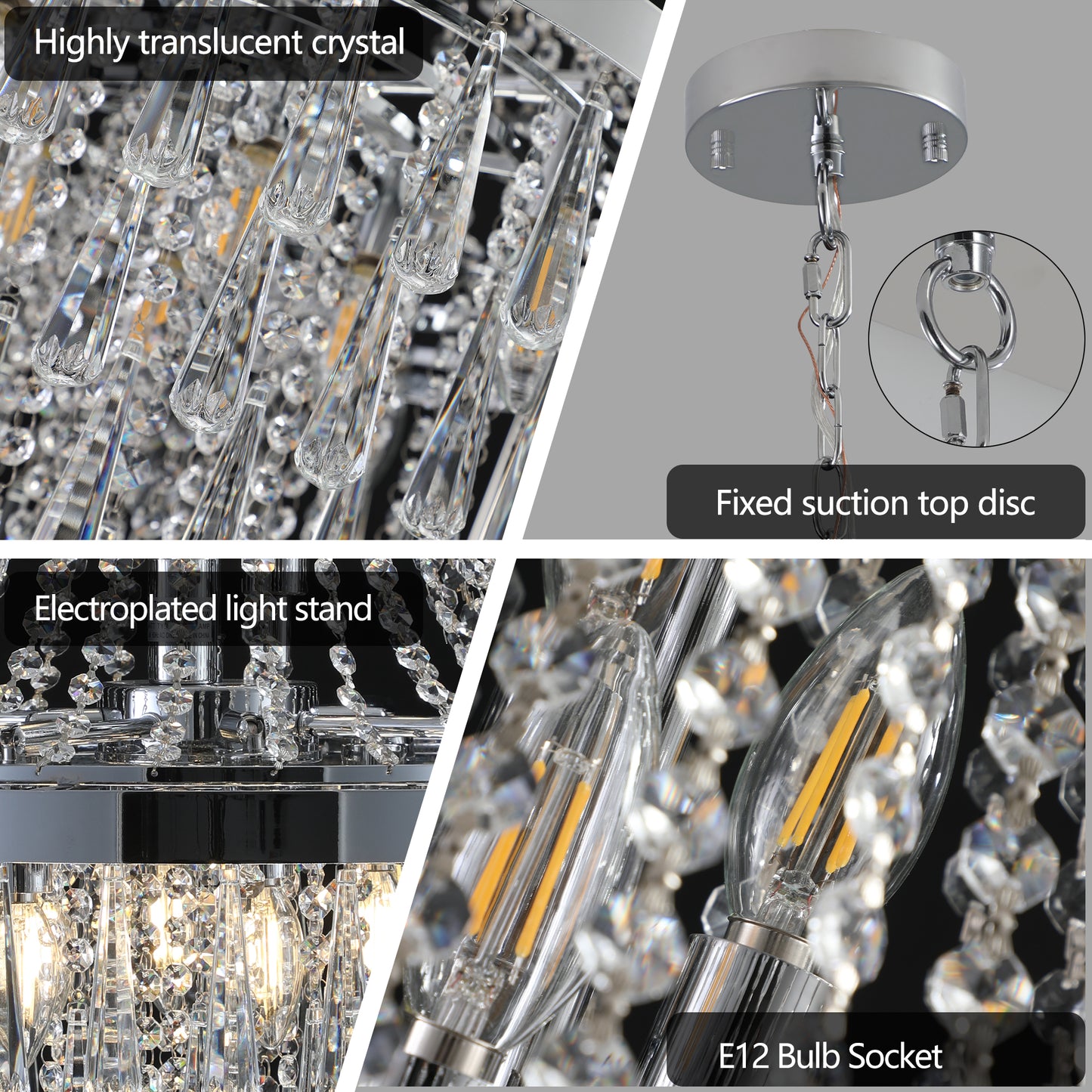 Closeup of a crystal chandelier with teardrop prisms and faceted gems