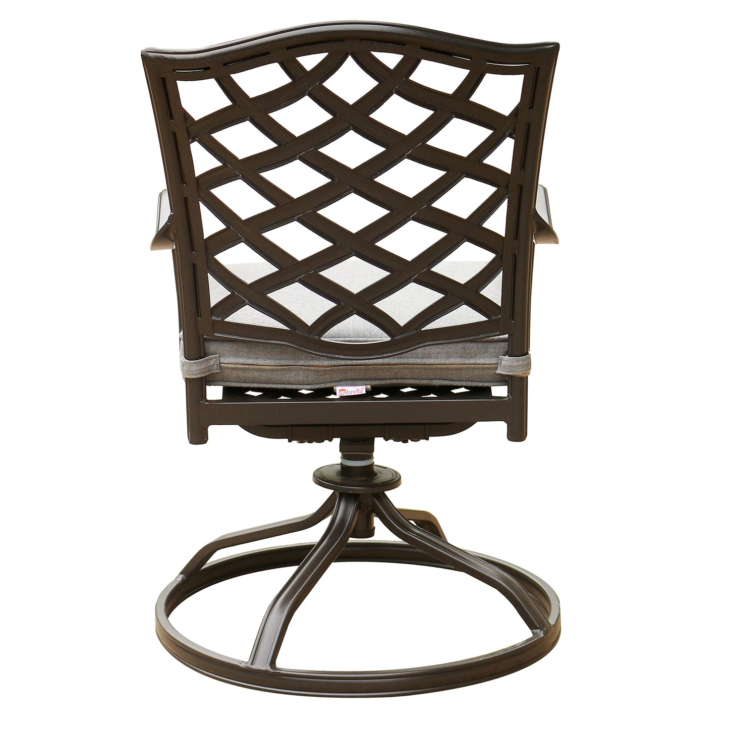 Dark brown cast aluminum swivel patio chair with diamond lattice back and gray cushion