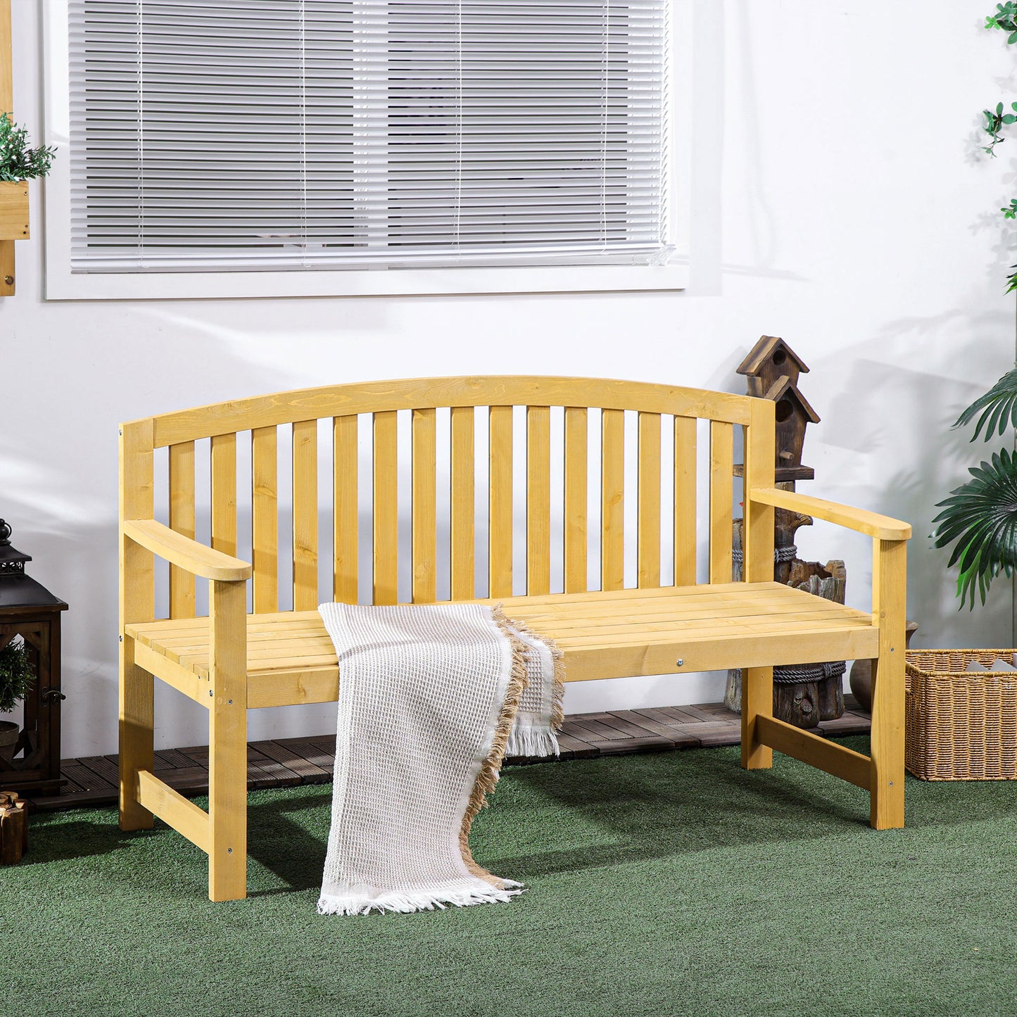 Wooden garden bench with slatted seat and arched backrest perfect for outdoor seating