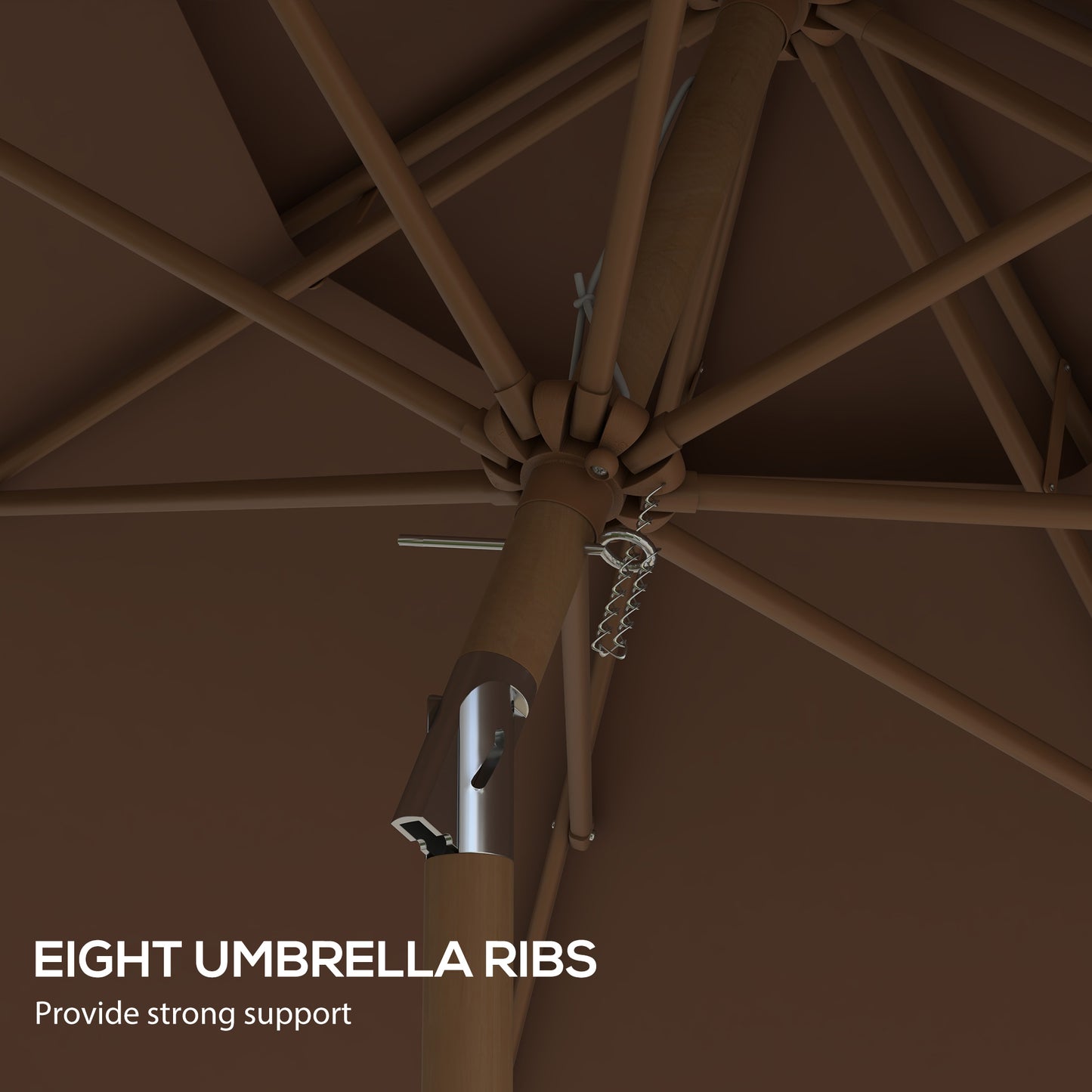 Closeup of a brown patio umbrellas underside showing its eight robust fiberglass ribs supporting the canopy