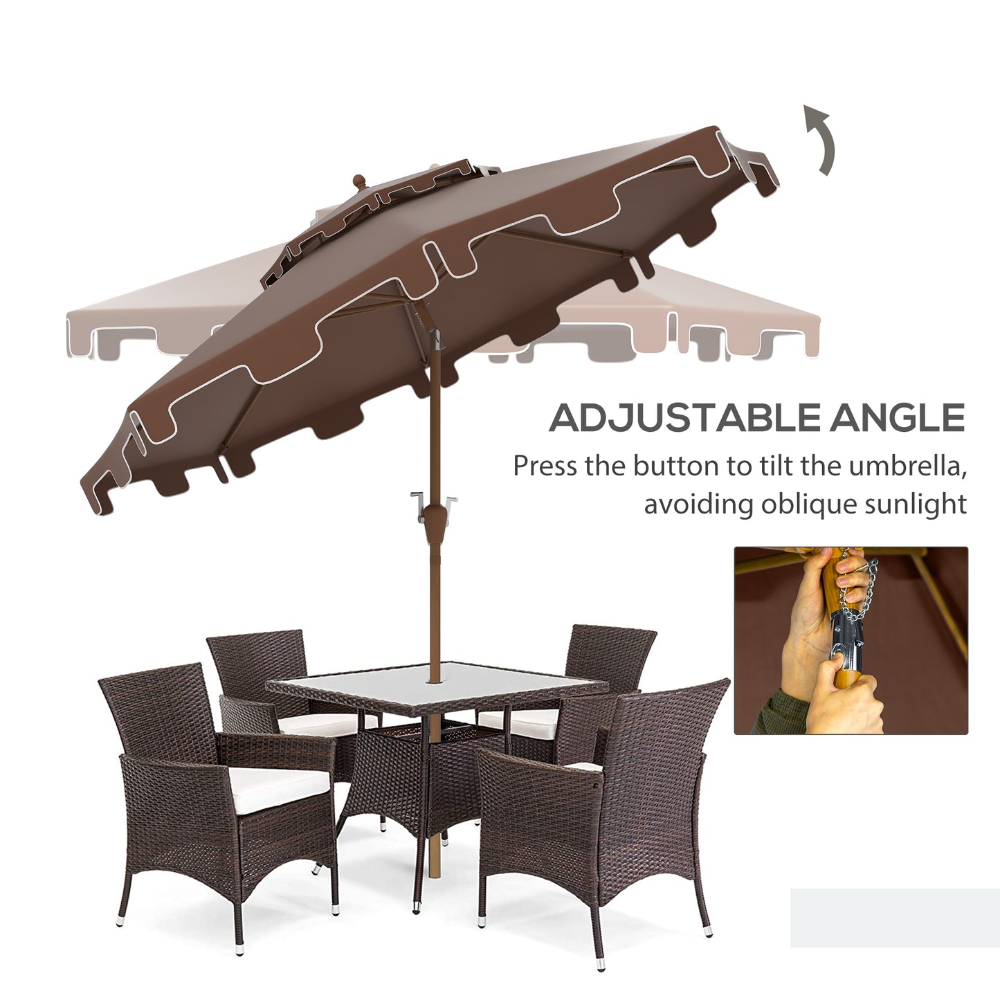 Brown patio umbrella with scalloped edge and adjustable tilt function for outdoor comfort