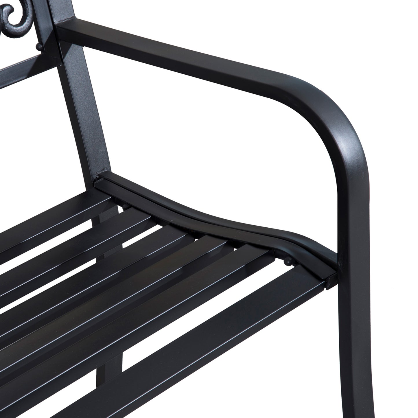 Black metal bench with slatted seat ideal for garden seating