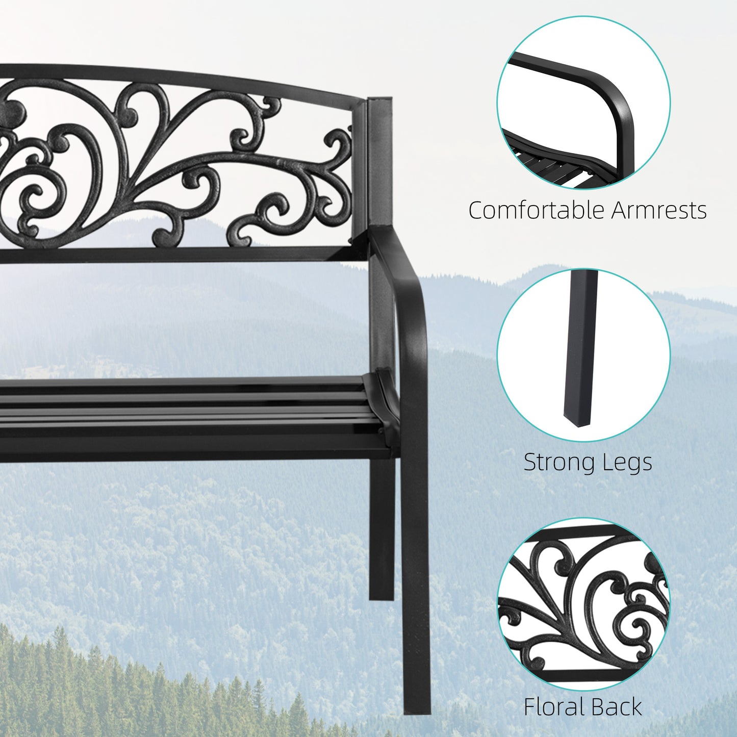 Black metal garden bench with ornate floral backrest and comfortable armrests